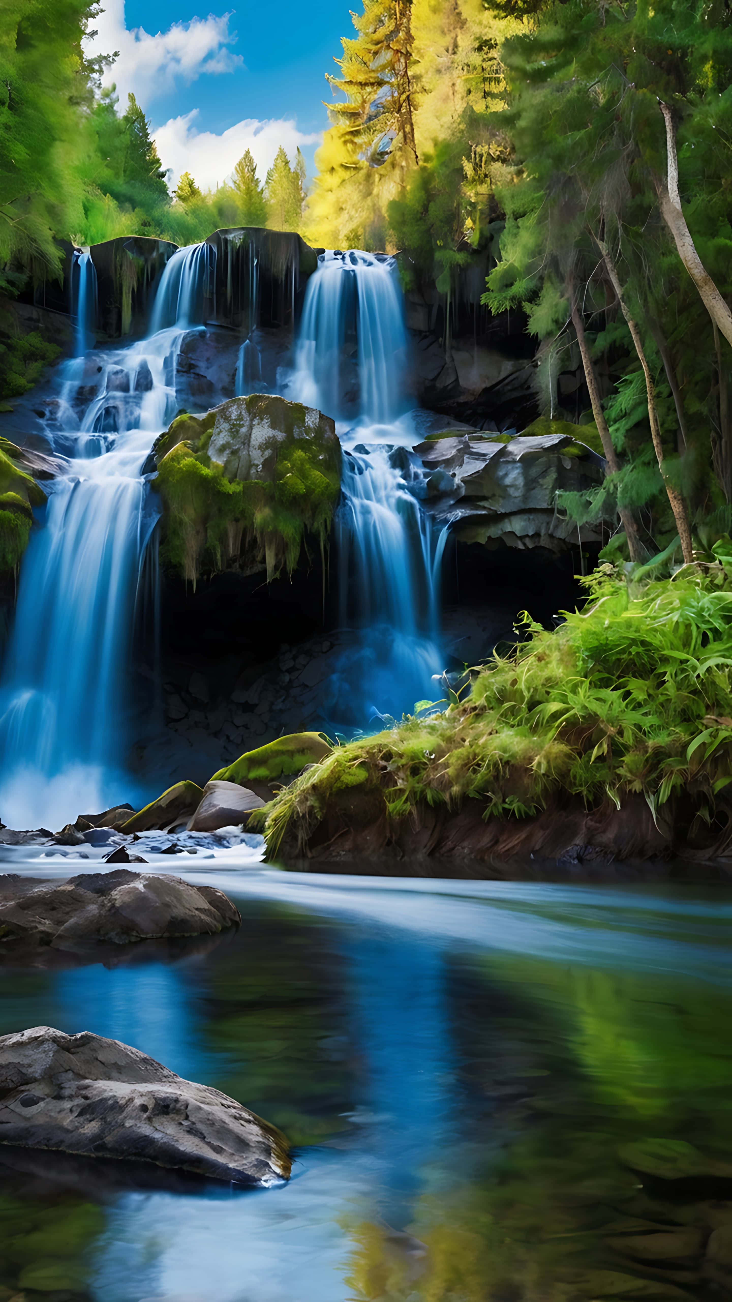 blissful waterfall, lake in harmony, multi-tiered waterfall, 5K Phone Wallpaper