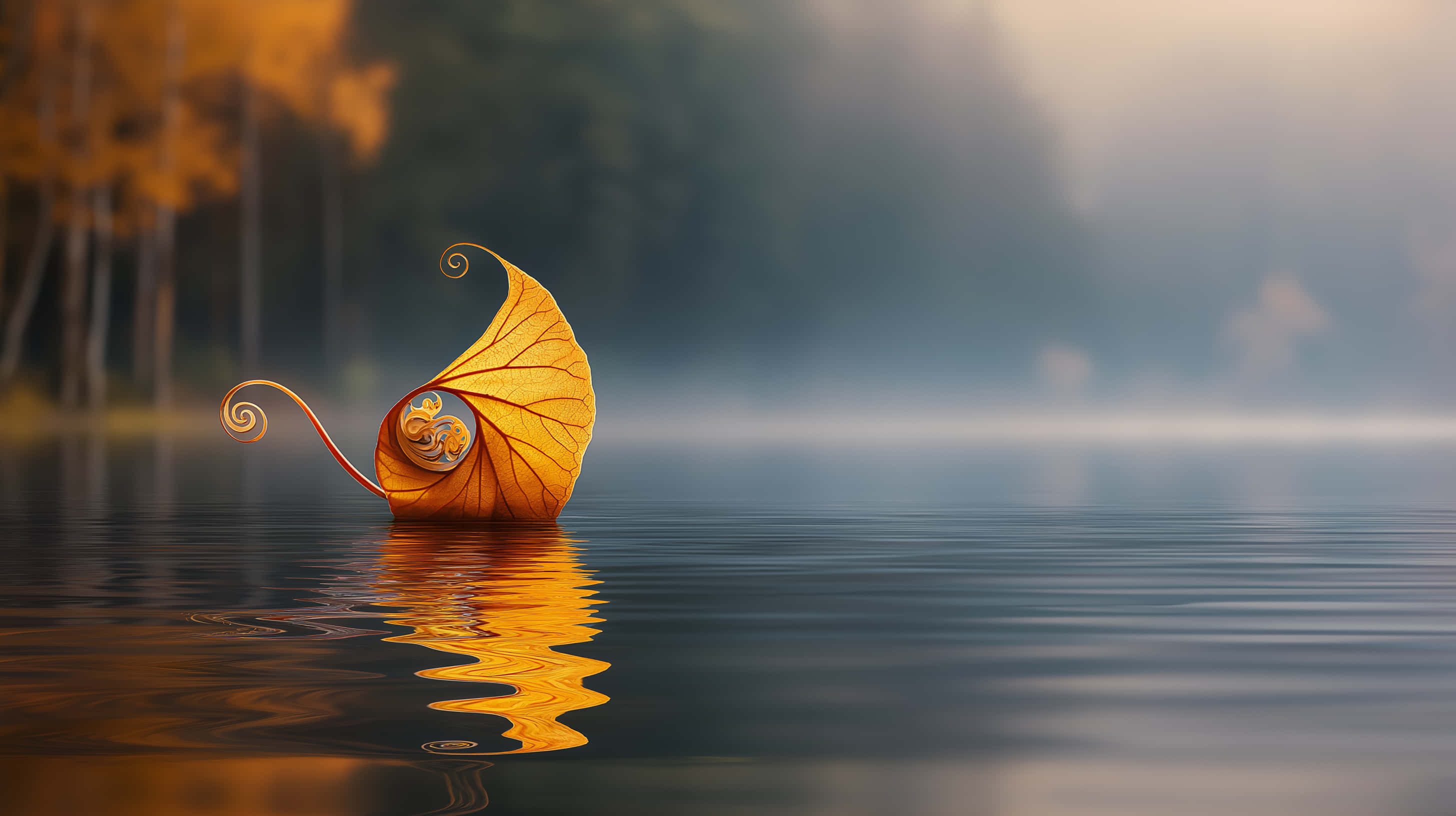 golden ratio, cosmic leaf, misty lake, 2K Desktop Wallpaper