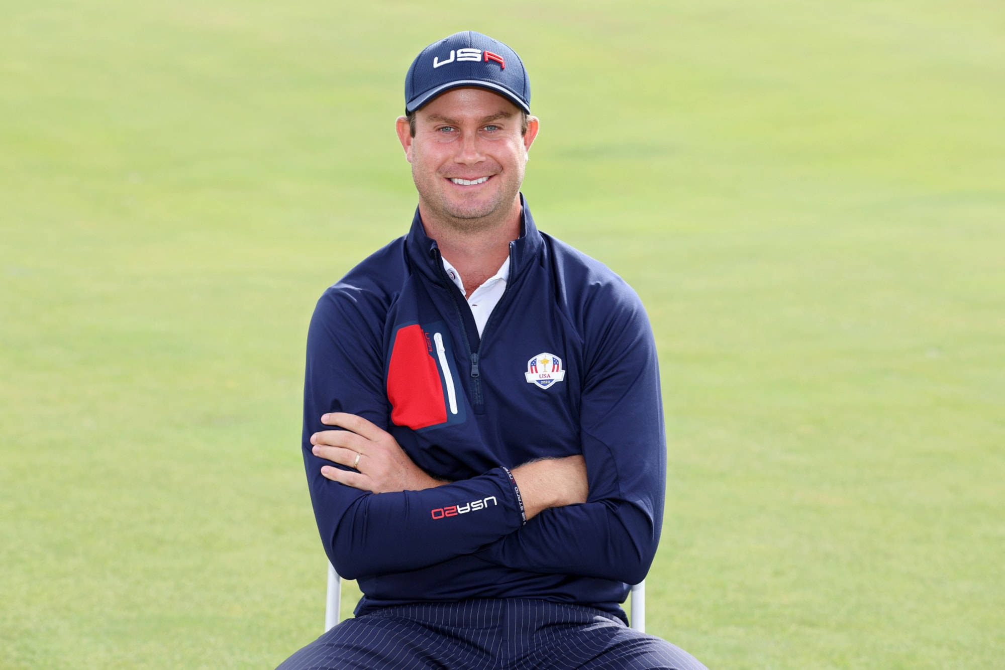 Harris English, navy USA team jacket, lush green golf course, Full HD Desktop Wallpaper