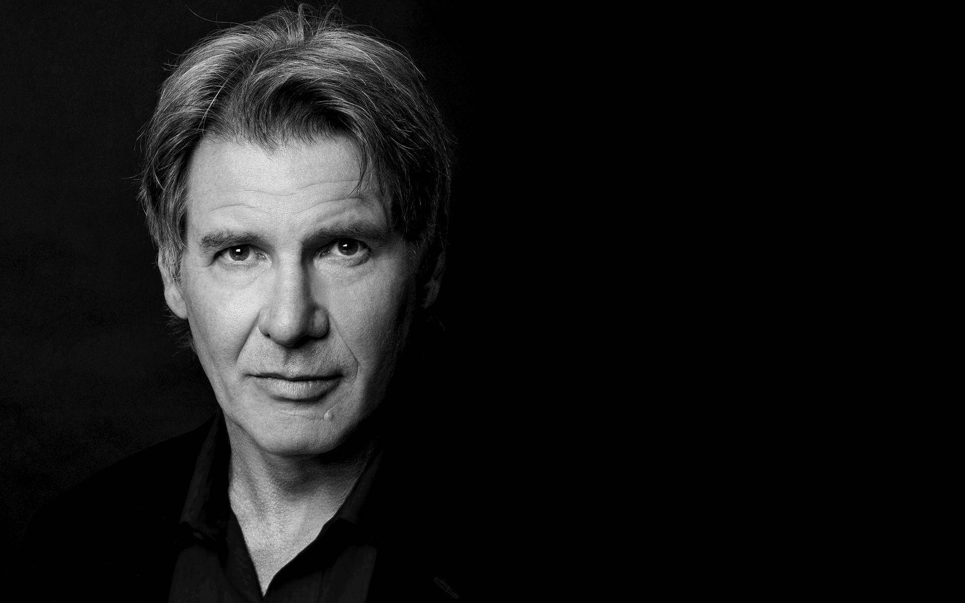 Harrison Ford, black and white portrait, gray hair, Full HD Desktop Wallpaper