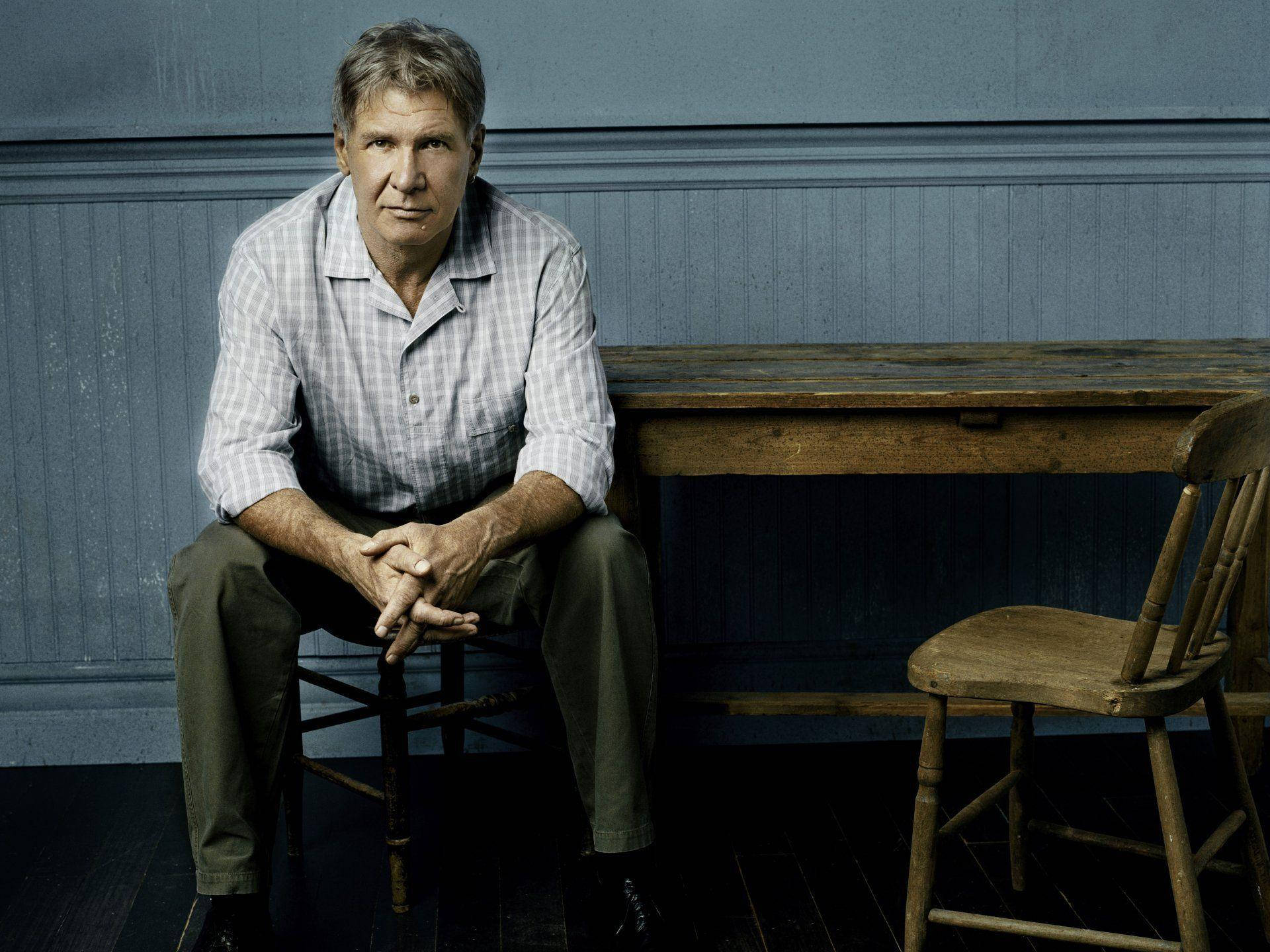 Harrison Ford, vintage photoshoot, rustic wooden table, Full HD Desktop Wallpaper