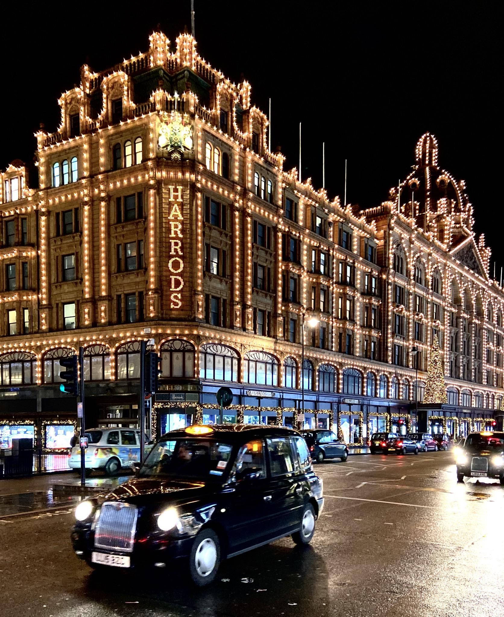 Harrods, black taxi, night, Full HD Phone Wallpaper
