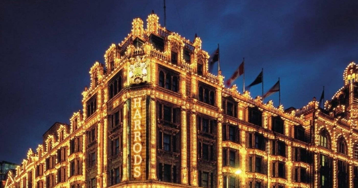 Harrods, yellow lights, deep blue night sky, HD Desktop Wallpaper