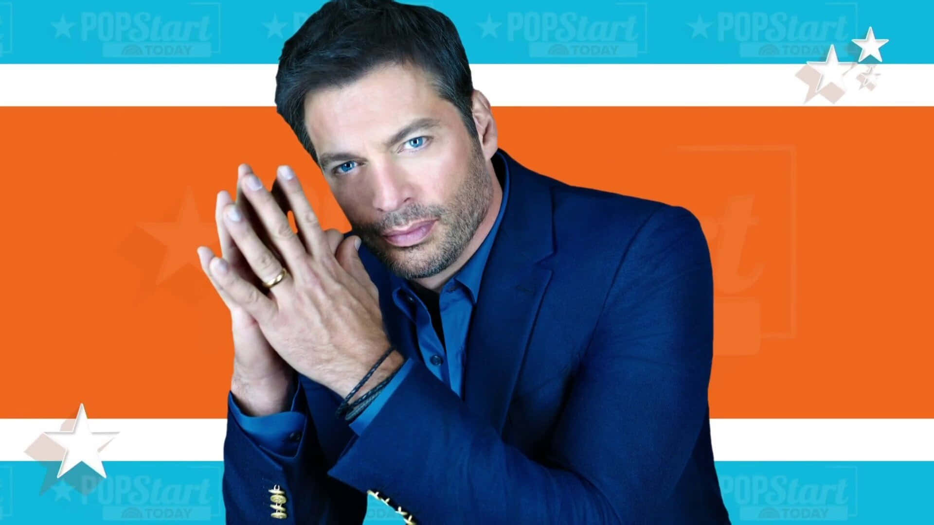 Harry Connick Jr, blue suit, orange and teal striped background, Full HD Desktop Wallpaper