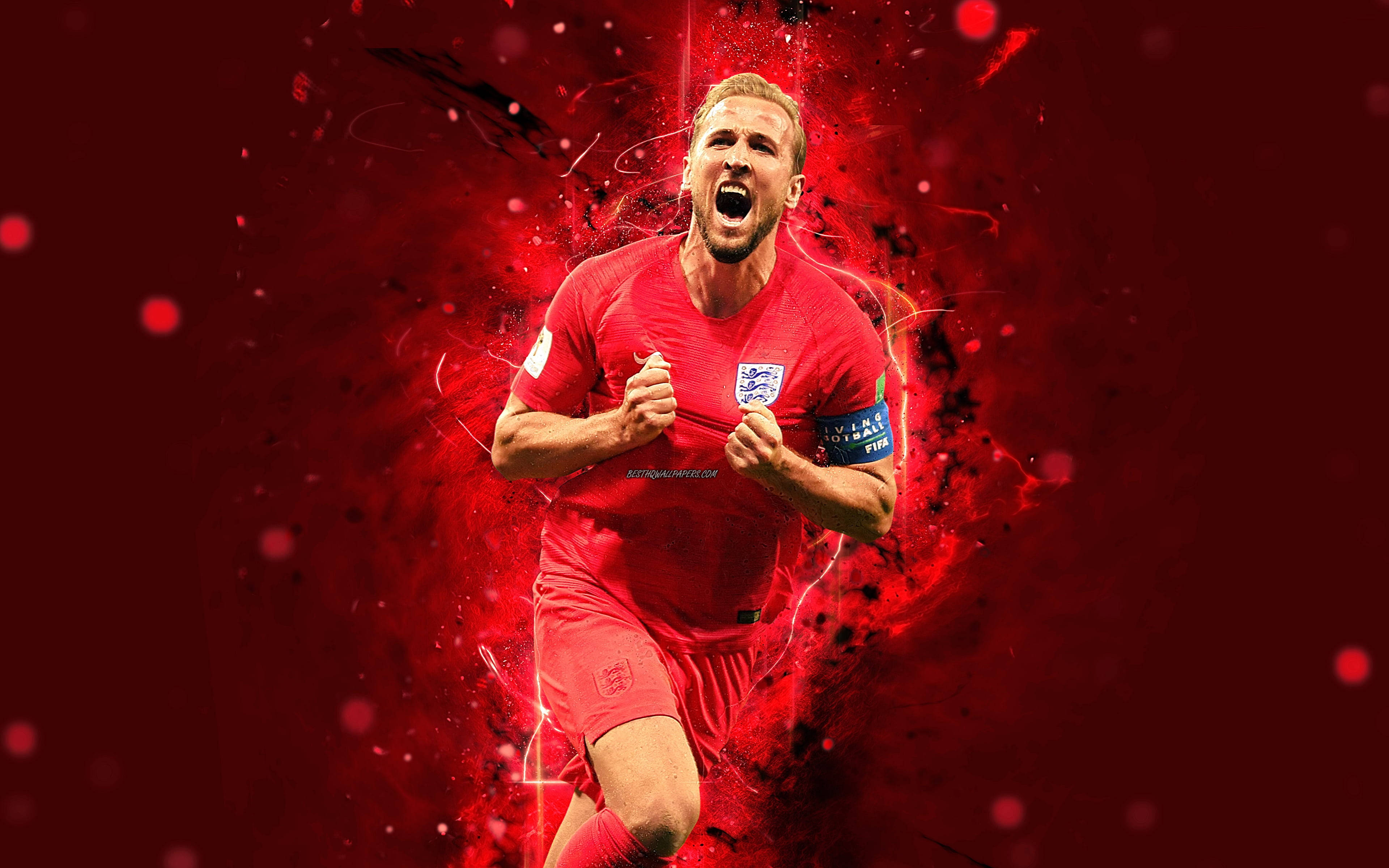 Harry Kane, red jersey, red energy burst background, 4K Desktop Wallpaper