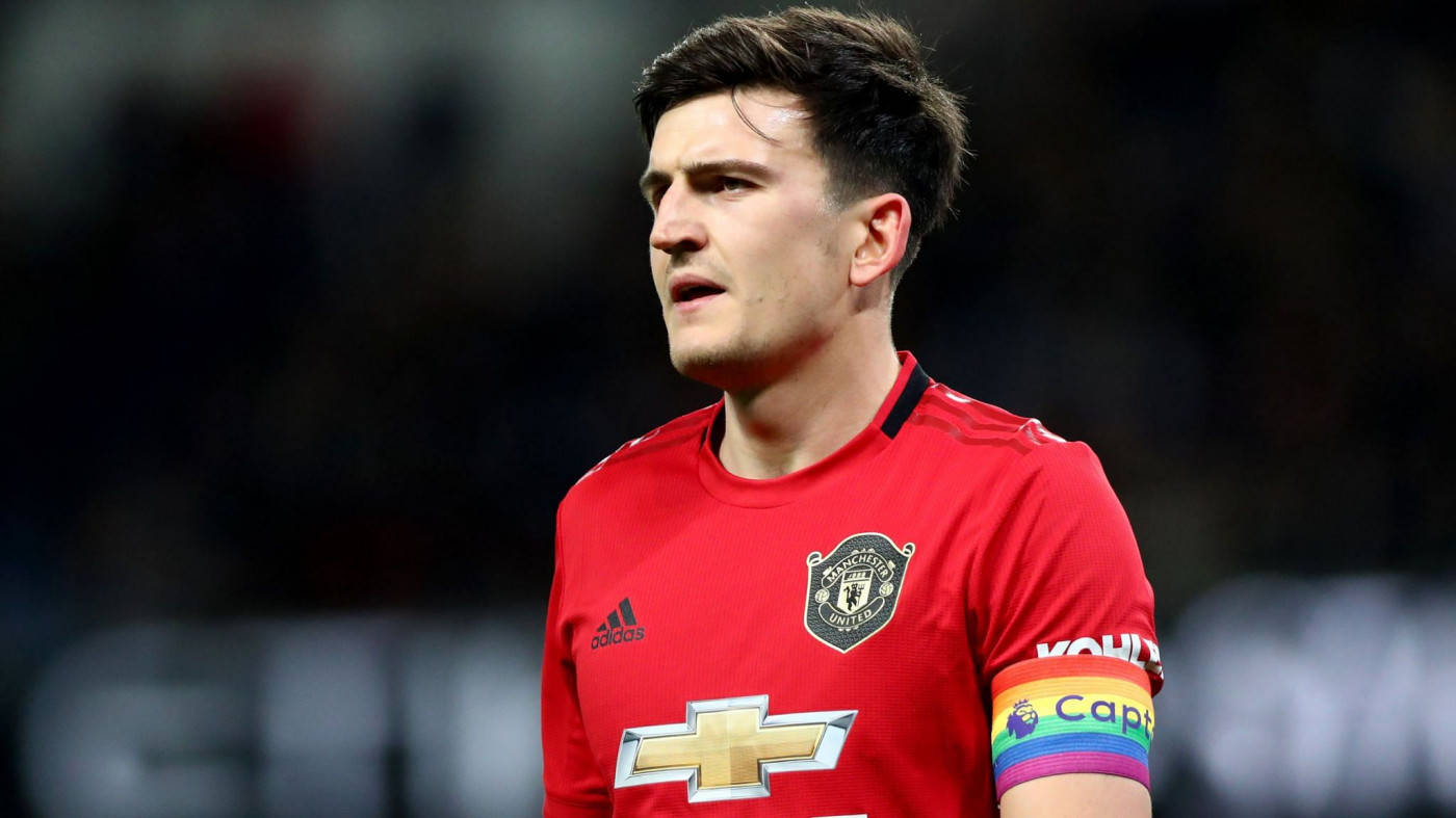Harry Maguire, rainbow captain's armband, red Manchester United jersey, HD Desktop Wallpaper