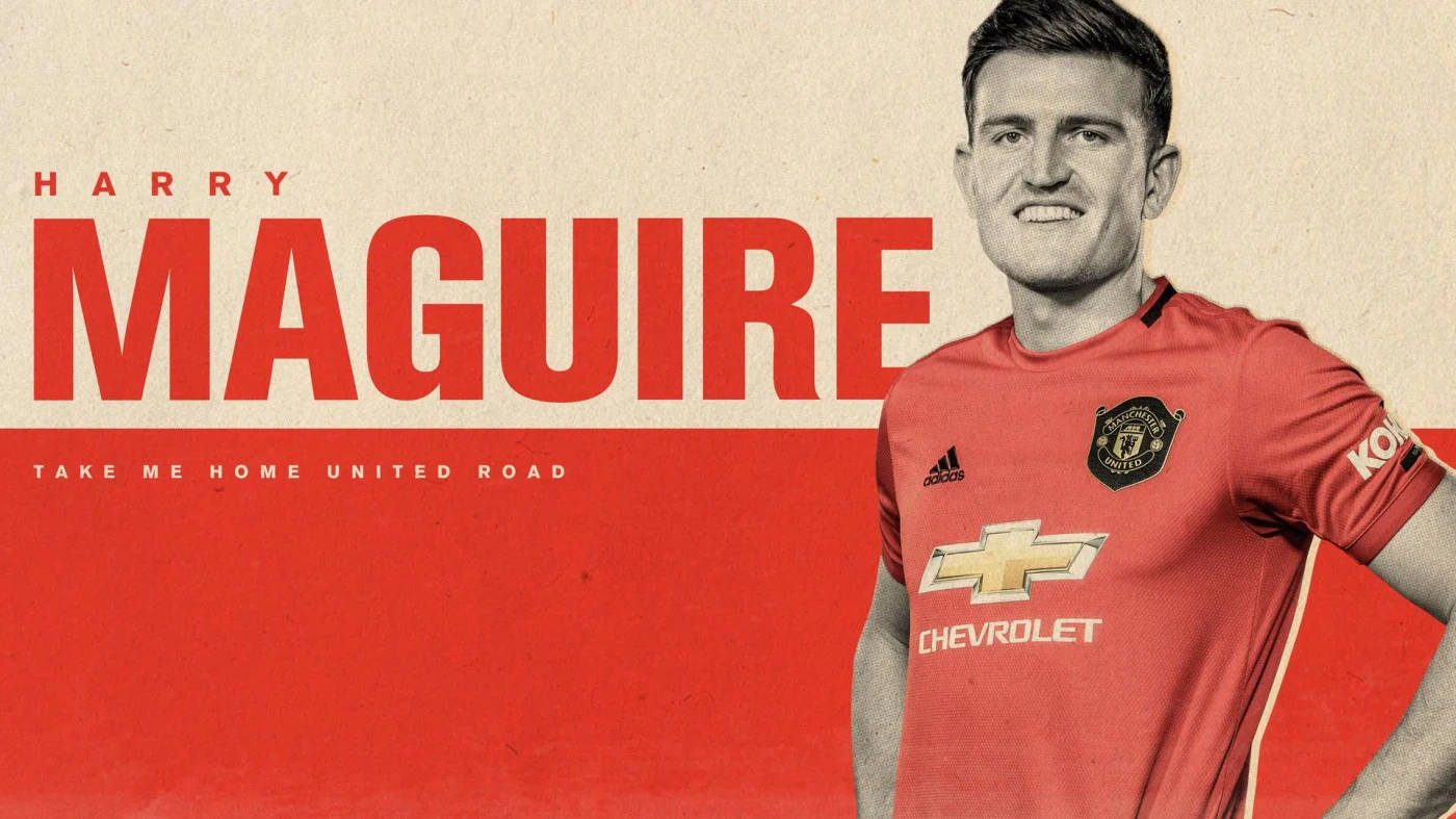 Harry Maguire, red Manchester United jersey, bold red and beige background, HD Desktop Wallpaper