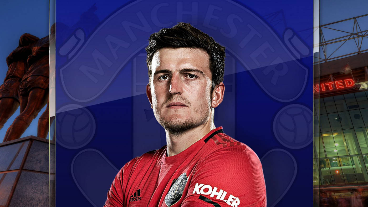 Harry Maguire, red Manchester United jersey, blue backdrop, HD Desktop Wallpaper