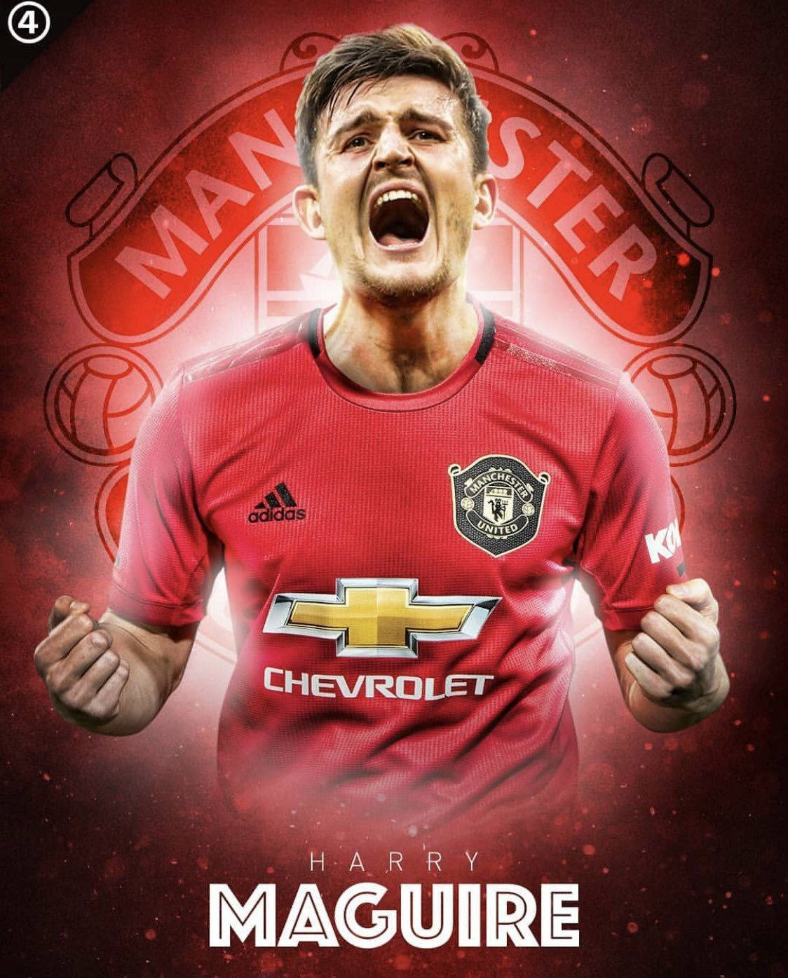 Harry Maguire, red Manchester United jersey, glowing club crest backdrop, HD Phone Wallpaper