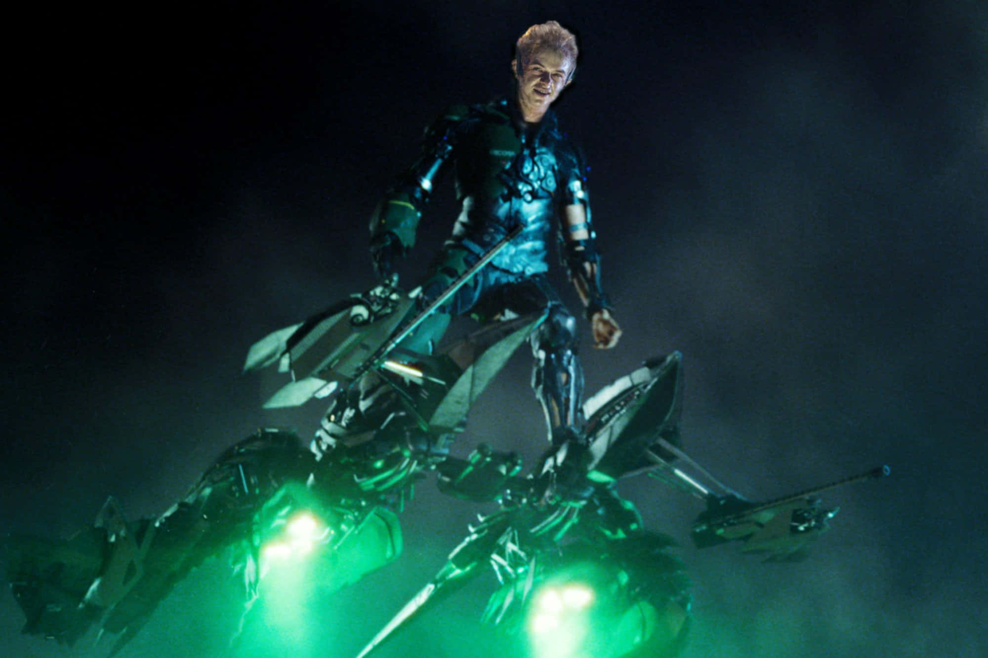 Harry Osborn, glowing green armor, mechanical vehicle, Full HD Desktop Wallpaper