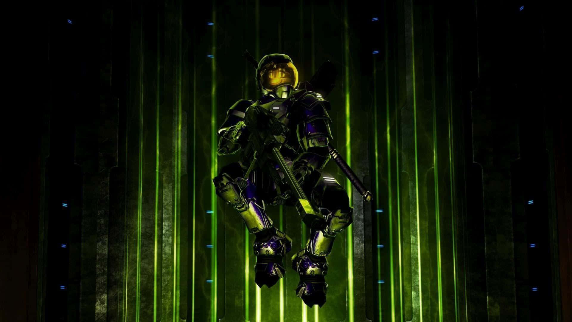Harry Osborn, glowing green armor, neon light beams, Full HD Desktop Wallpaper