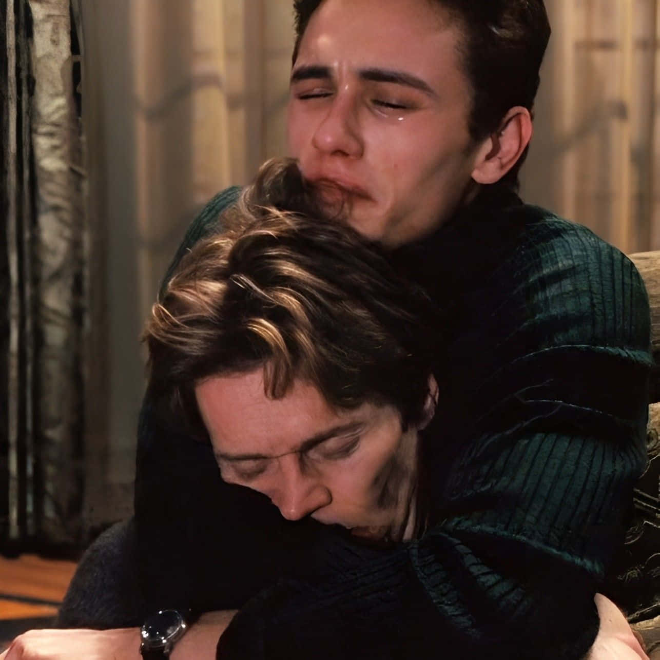 Harry Osborn, deep in thought, two men embrace, HD Desktop Wallpaper