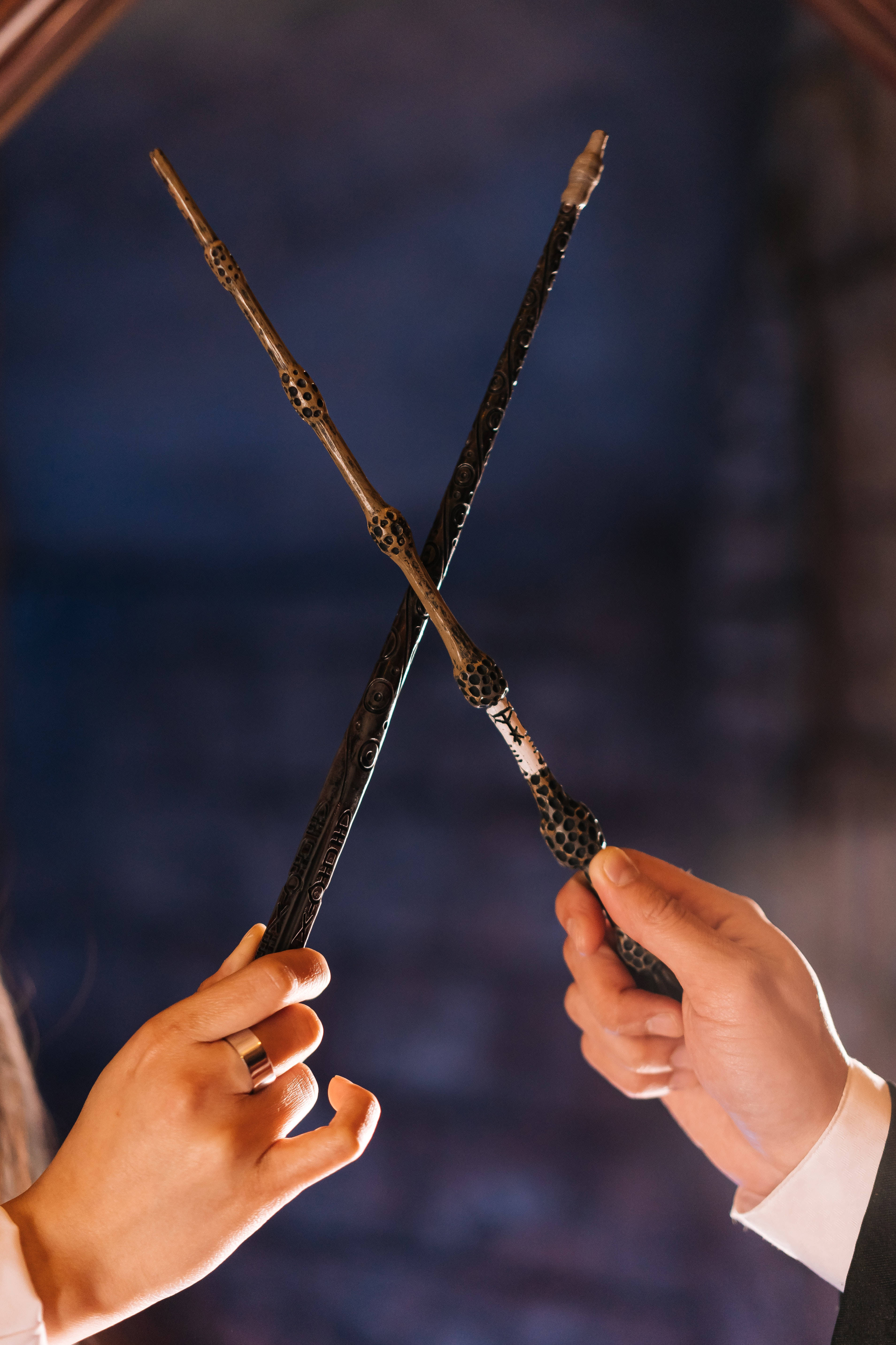 Harry Potter Aesthetic, magic wands, deep blue blurred background, 5K Phone Wallpaper