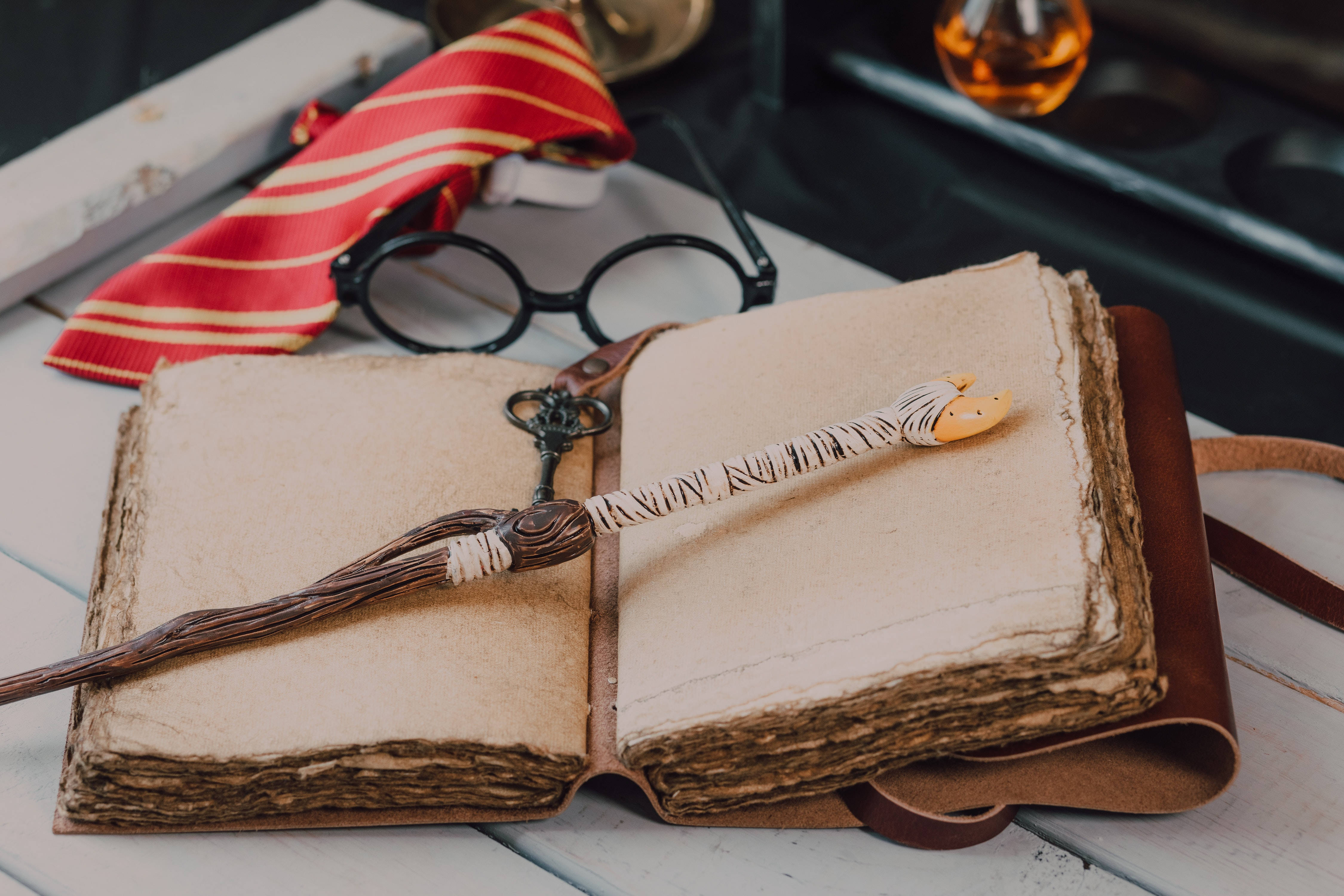 Harry Potter Aesthetic, wand, spell book, 4K Desktop Wallpaper