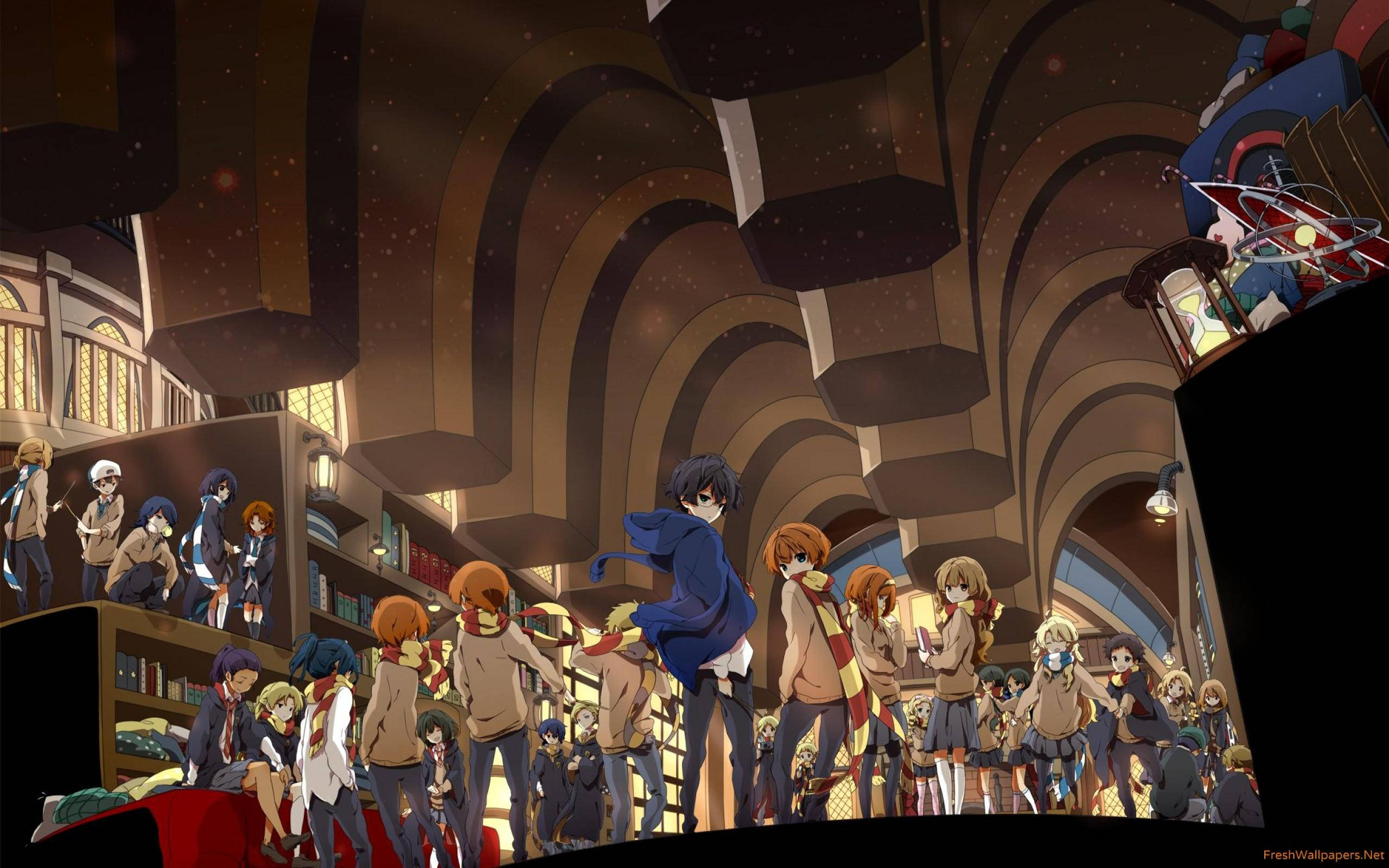 Harry Potter Anime, library, arched ceilings, 2K Desktop Wallpaper