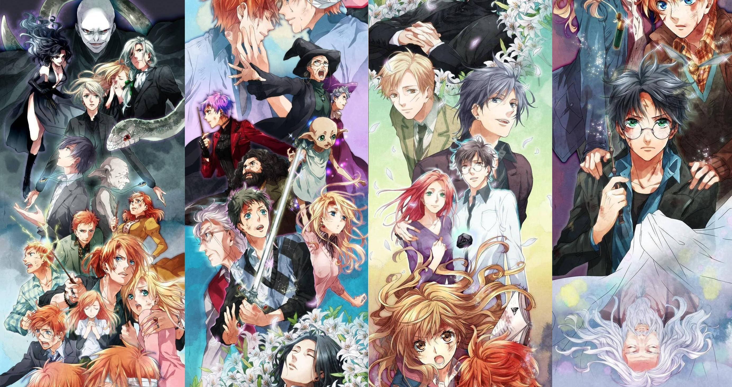 Harry Potter Anime, anime collage, four vertical panels, 2K Desktop Wallpaper