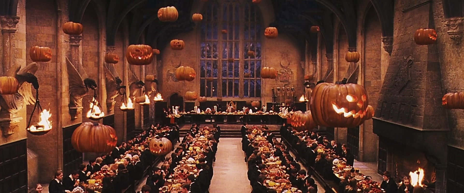Harry Potter Halloween, long table, grand stone hall, Full HD Desktop Wallpaper
