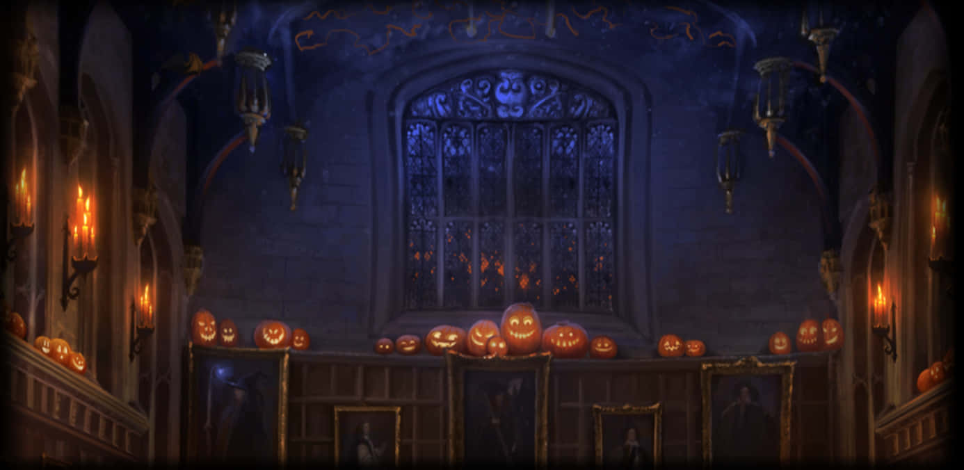 Harry Potter Halloween, Gothic hall, glowing jack-o'-lanterns, HD Desktop Wallpaper