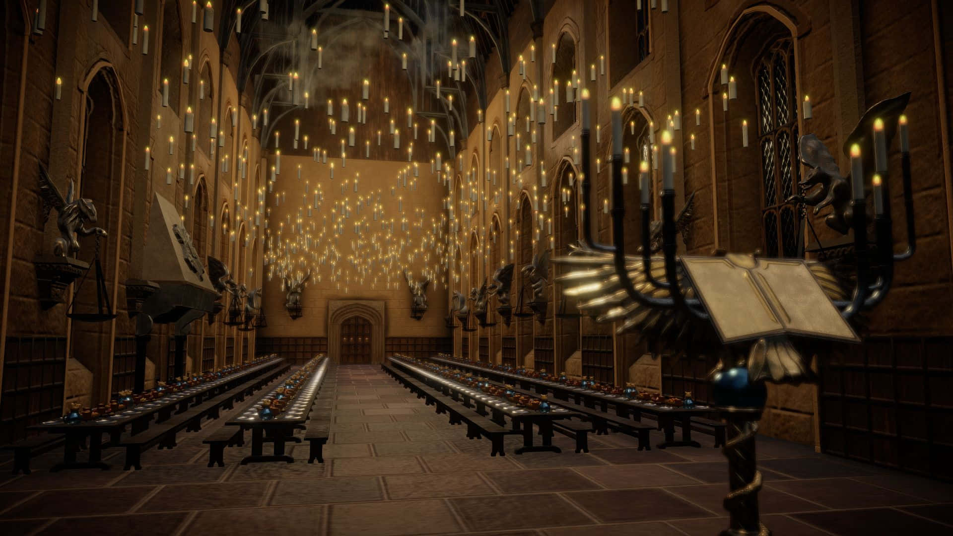 Harry Potter Halloween, medieval dining hall, stone arches, Full HD Desktop Wallpaper
