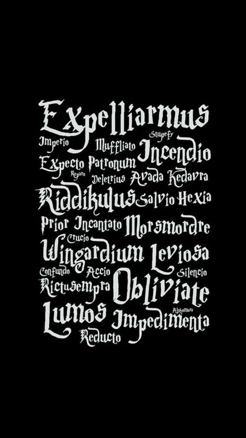 Harry Potter, black background, white calligraphic spells, HD Phone Wallpaper