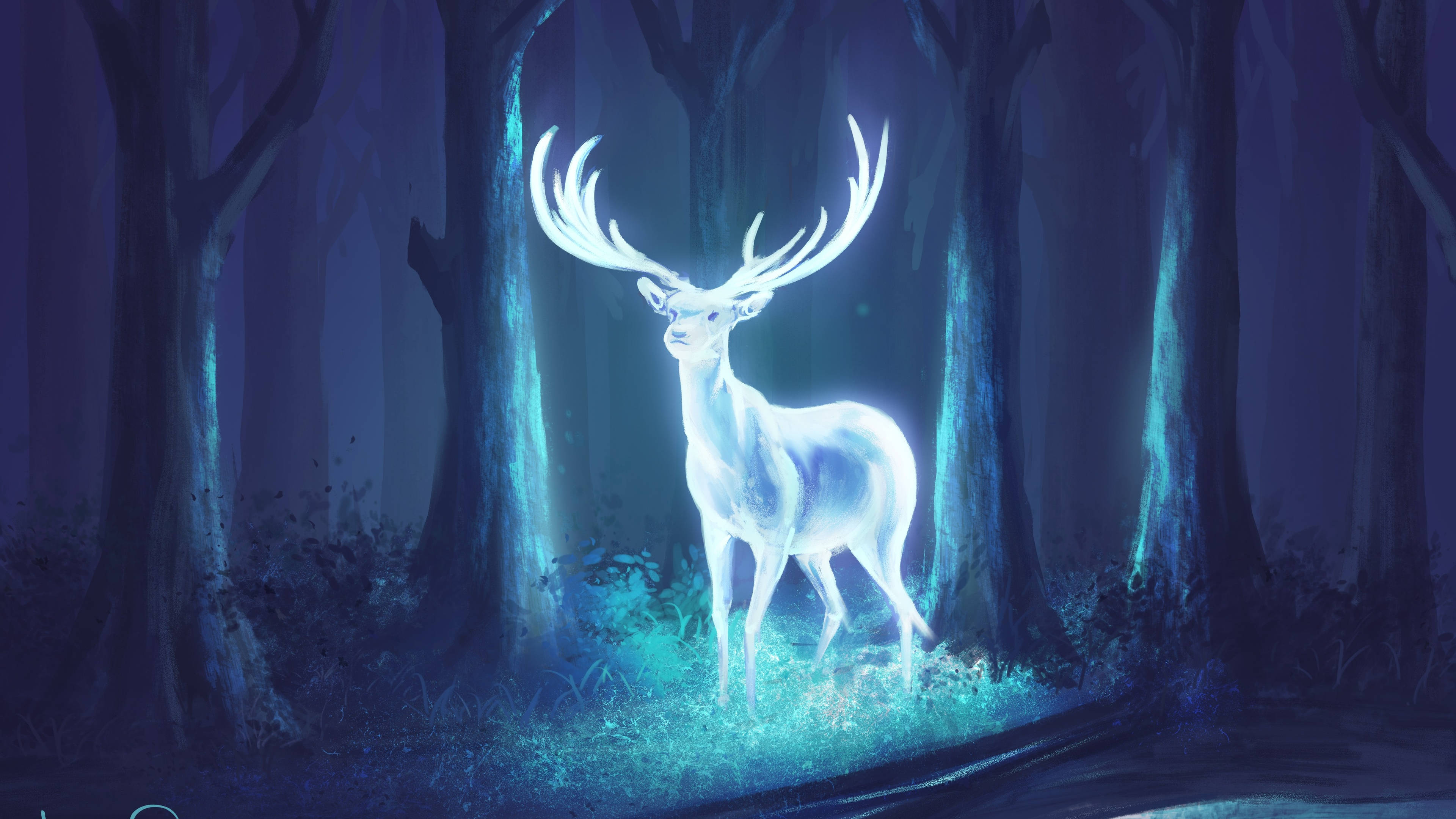 Harry Potter, glowing stag Patronus, twilight forest, 4K Desktop Wallpaper