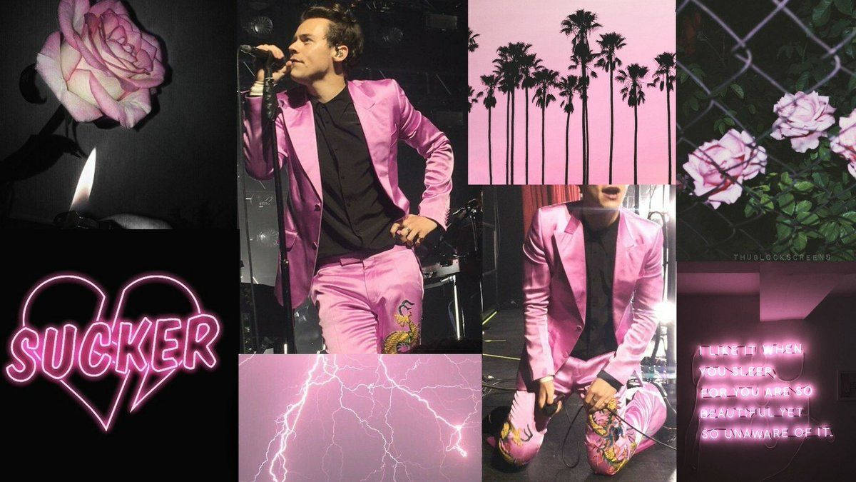 Harry Styles Aesthetic, pink-themed collage, shiny pink suit, SD Desktop Wallpaper