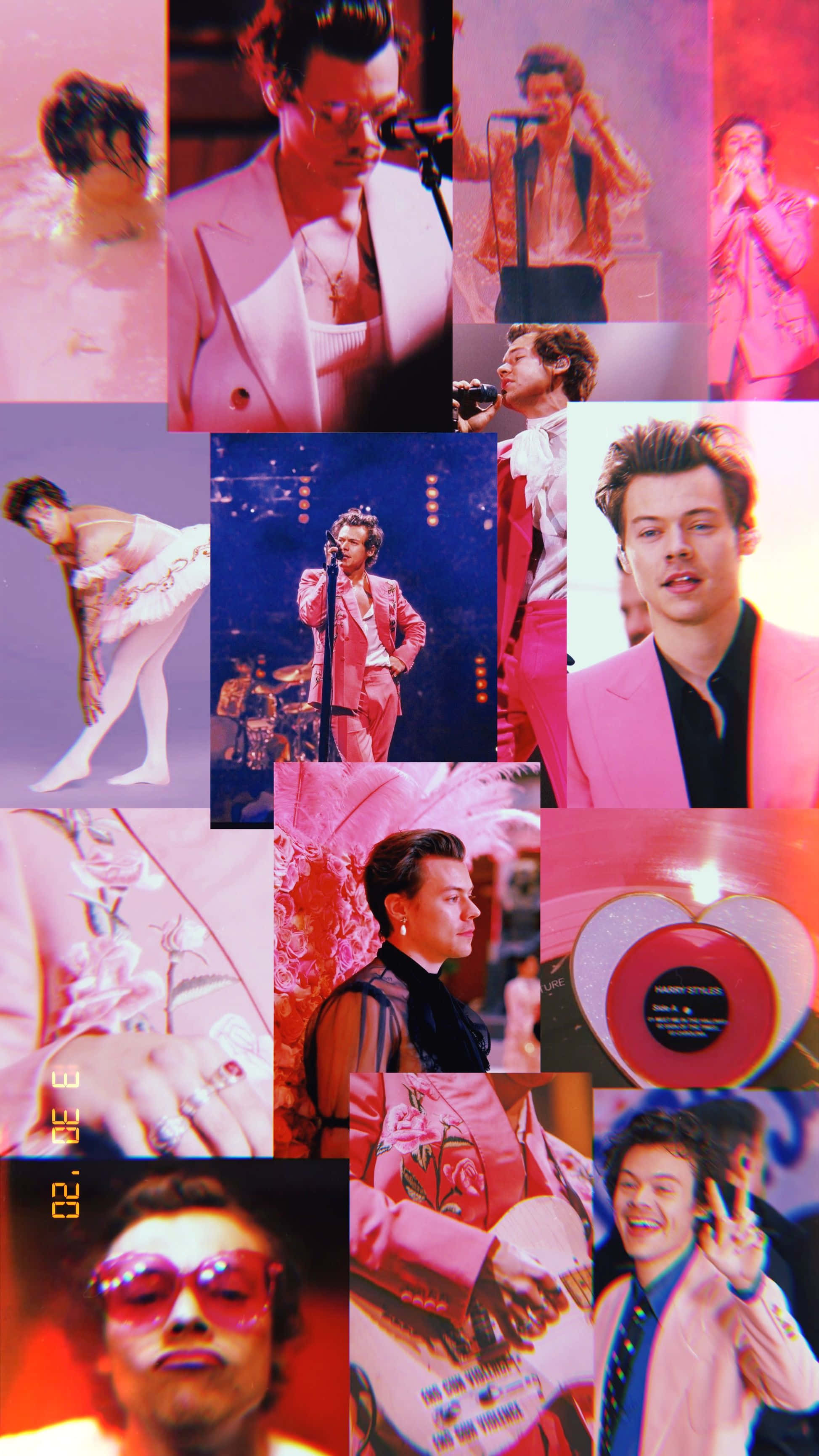 Harry Styles, vibrant pink and purple, glittering stage lights, 2K Phone Wallpaper