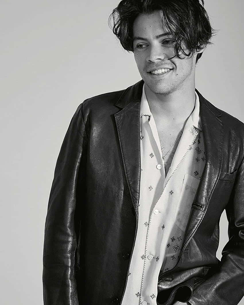Harry Styles, black and white portrait, leather jacket, SD Phone Wallpaper