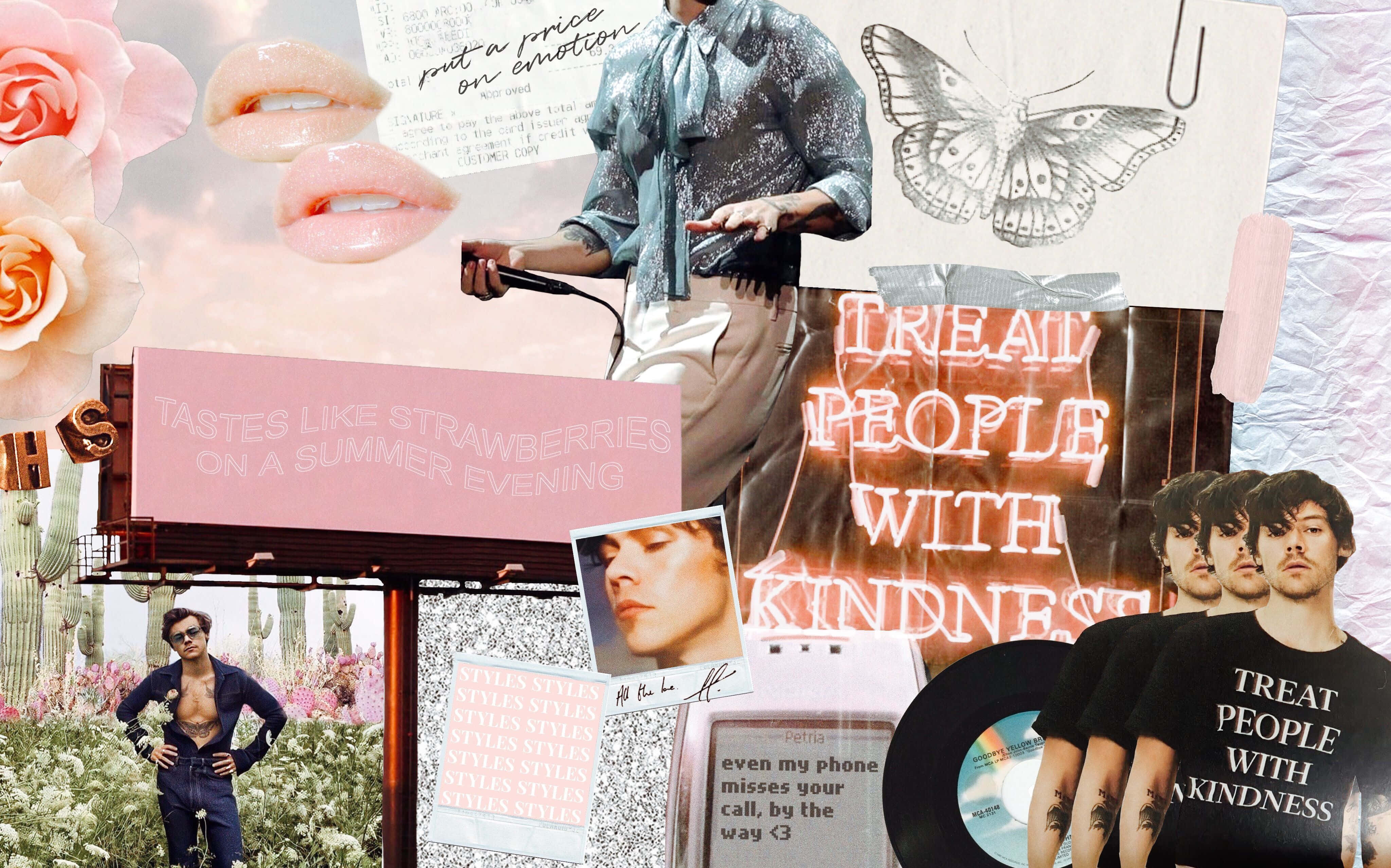 Harry Styles, pink roses, butterflies, 4K Desktop Wallpaper
