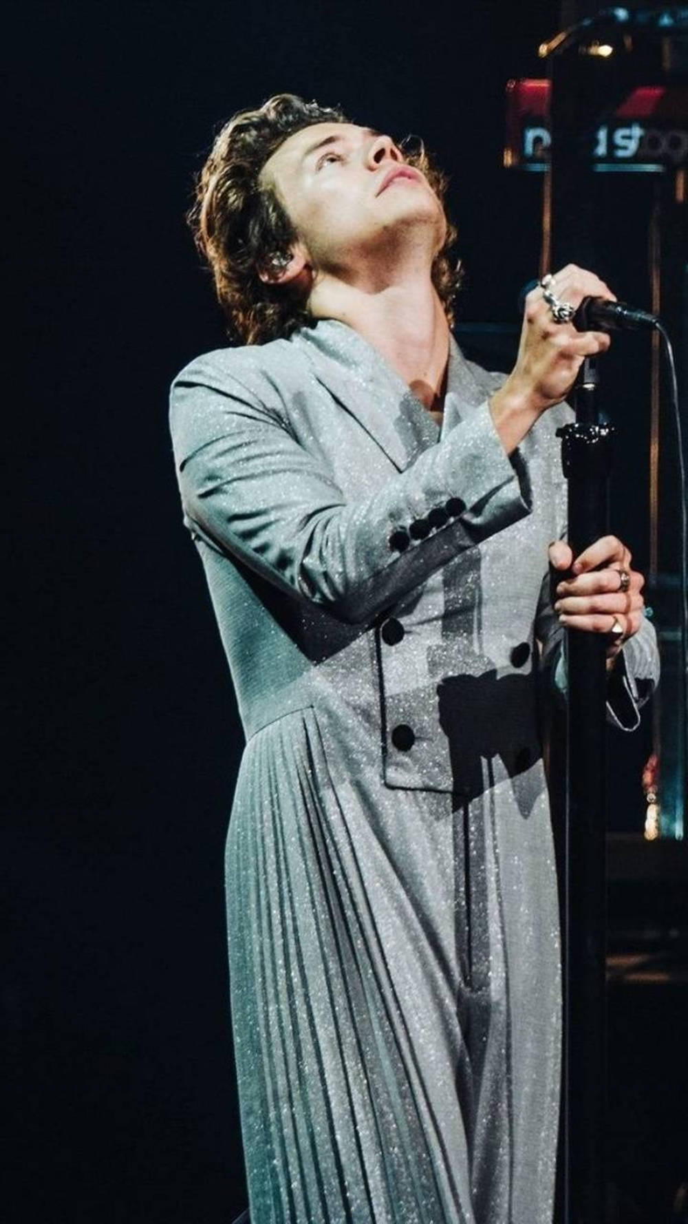 Harry Styles Aesthetic, glittering silver gown, dimly lit stage, HD Phone Wallpaper