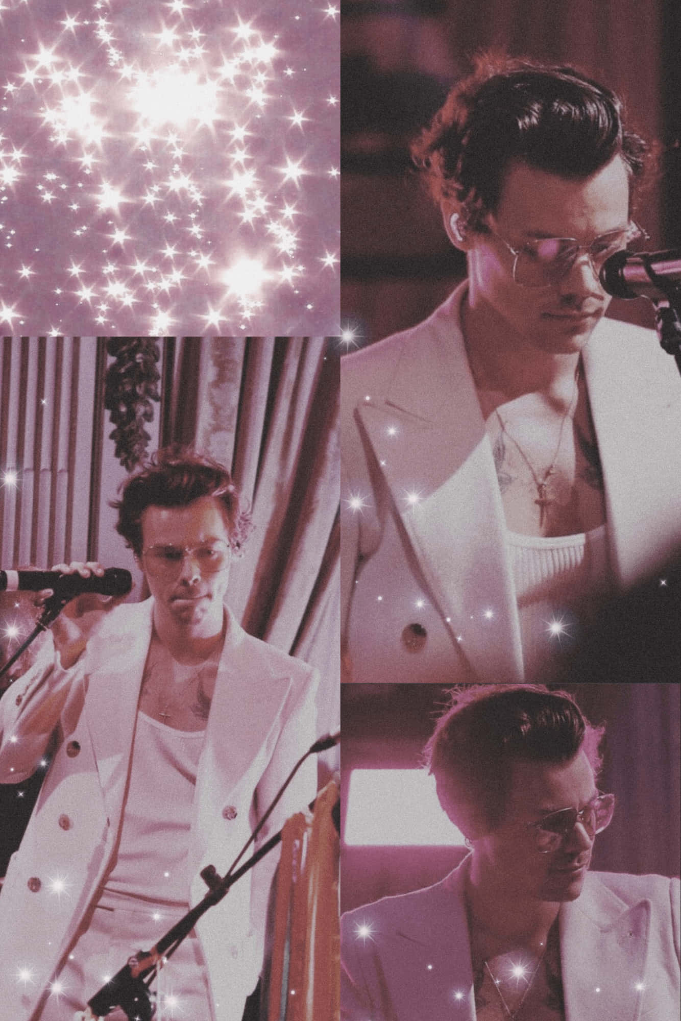 Harry Styles, white suit, sparkling pink stage lights, Full HD Phone Wallpaper