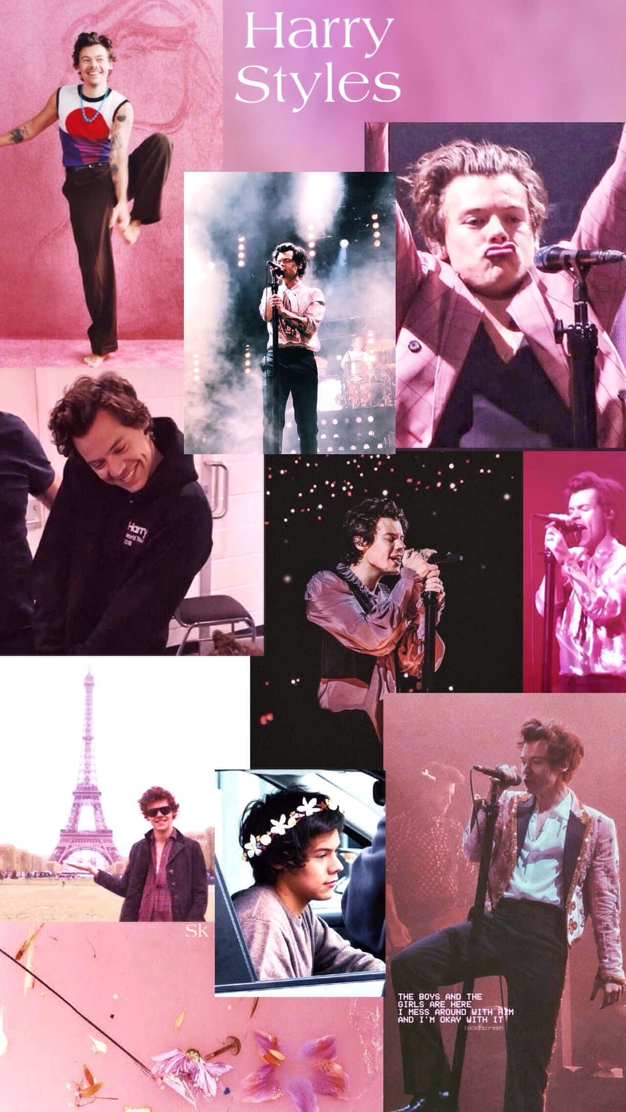 Harry Styles, pink-toned collage, stage singing, Full HD Phone Wallpaper