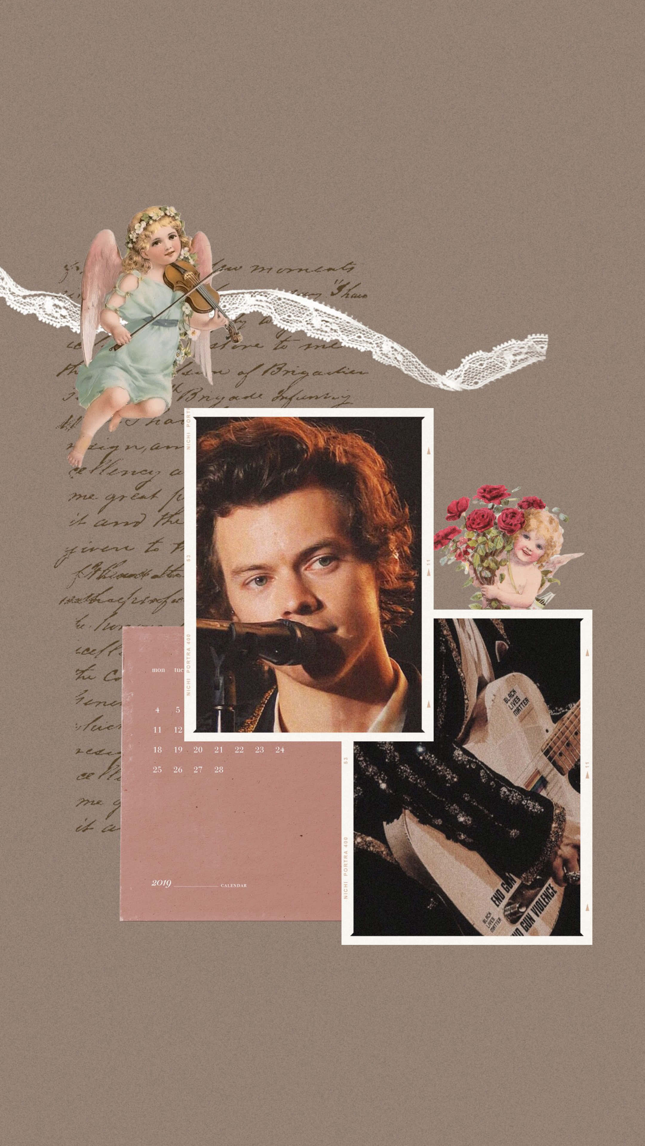 Harry Styles, guitar, vintage cherubs, 4K Phone Wallpaper