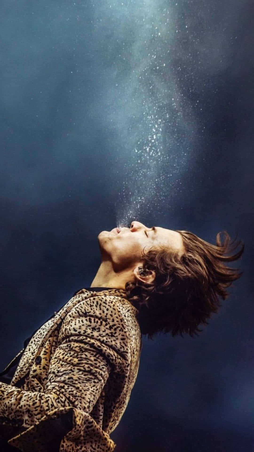 Harry Styles, leopard print jacket, glittering particles, Full HD Phone Wallpaper