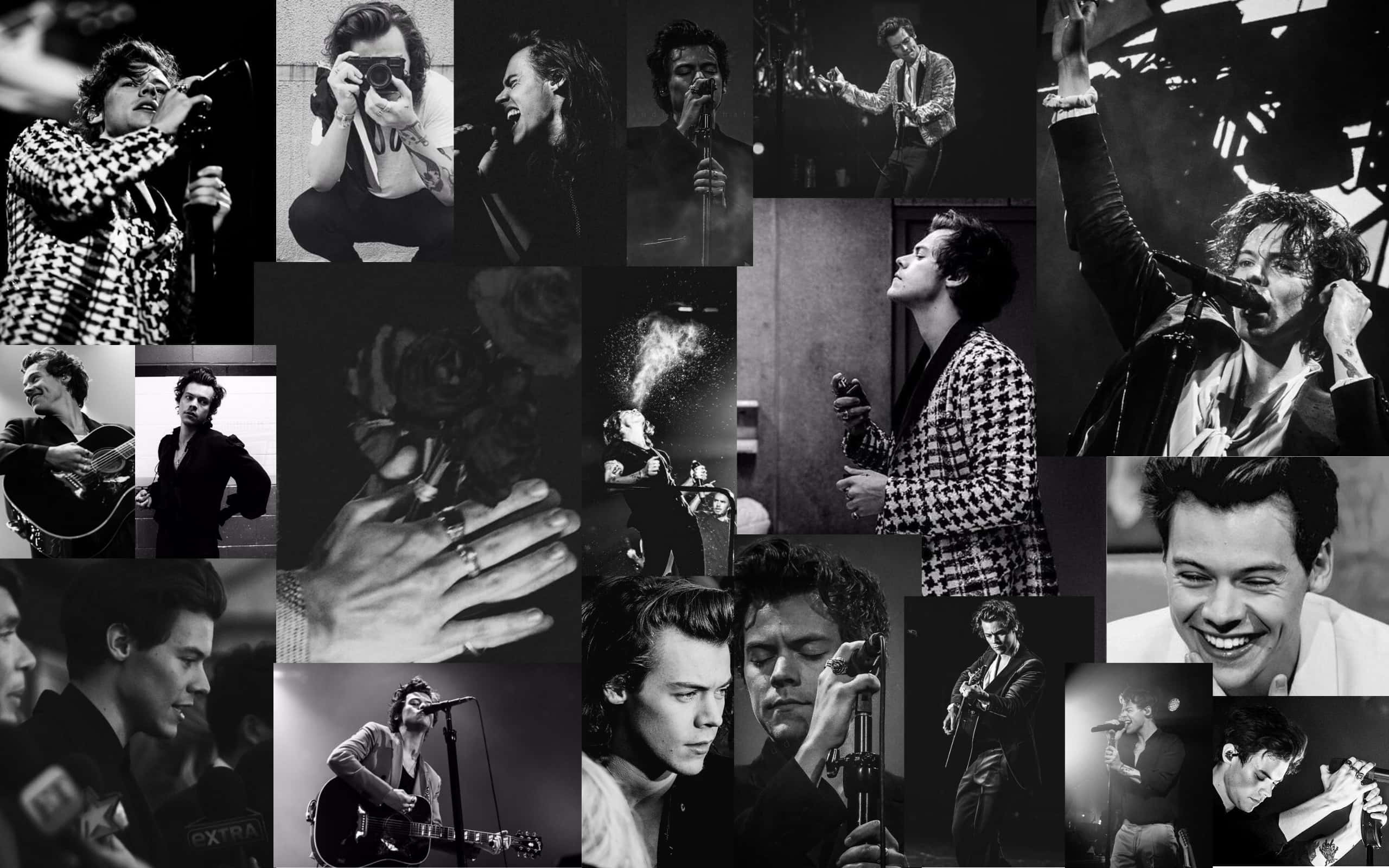 Harry Styles, black and white collage, performance moments, 2K Desktop Wallpaper