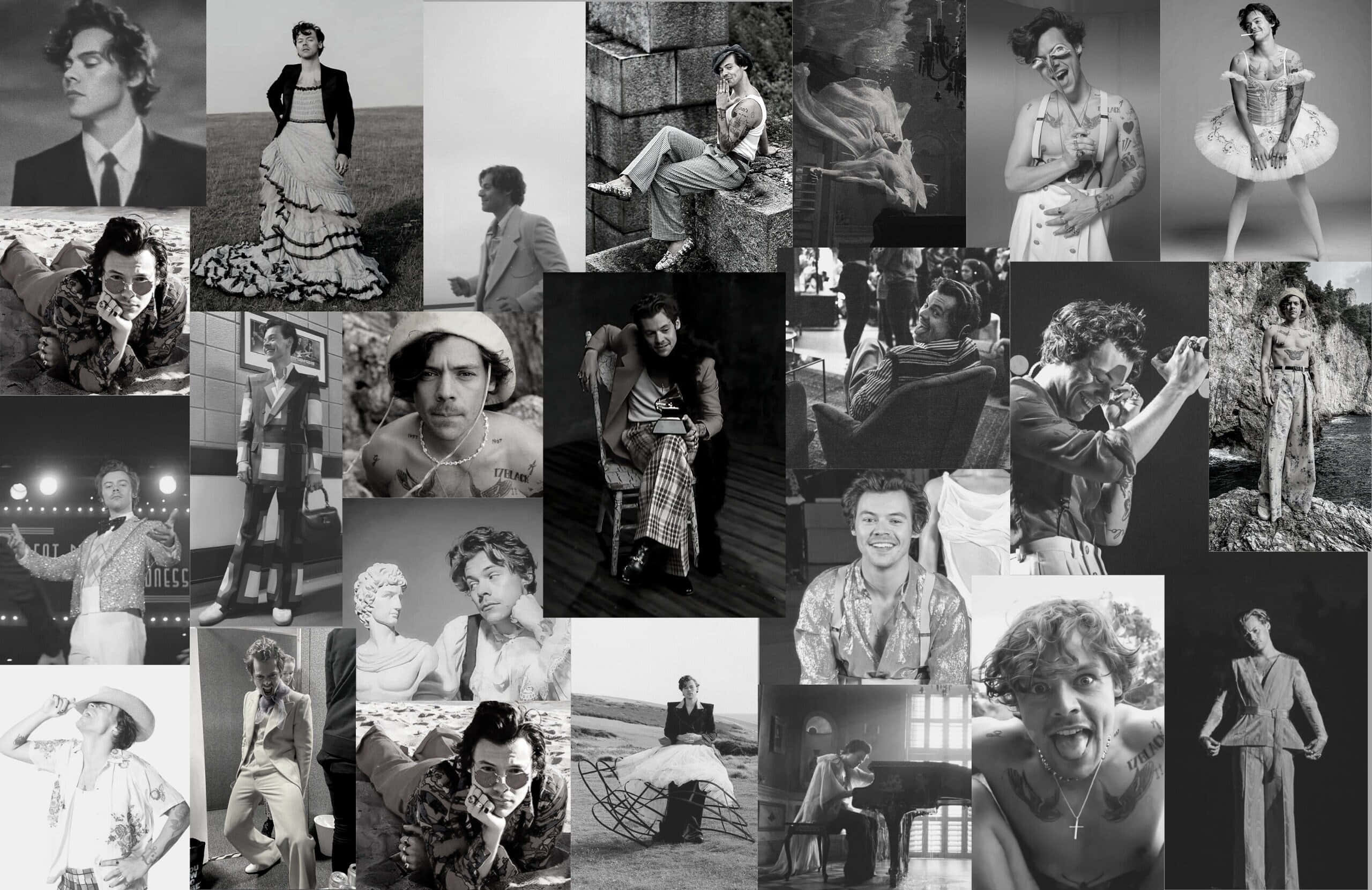 Harry Styles, black and white, collage, 2K Desktop Wallpaper