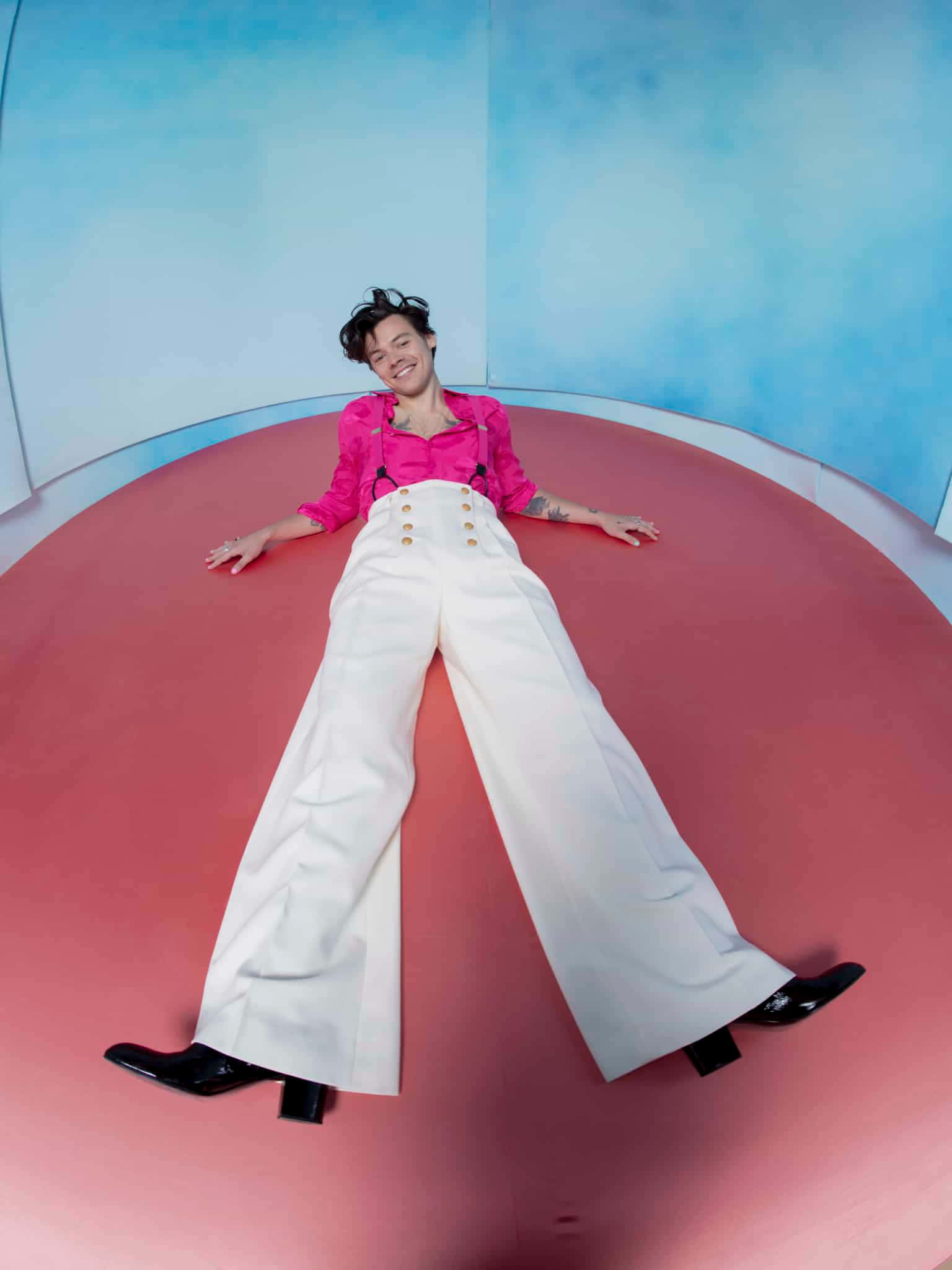 Harry Styles Fine Line, pink shirt, white wide-leg pants, Full HD Phone Wallpaper