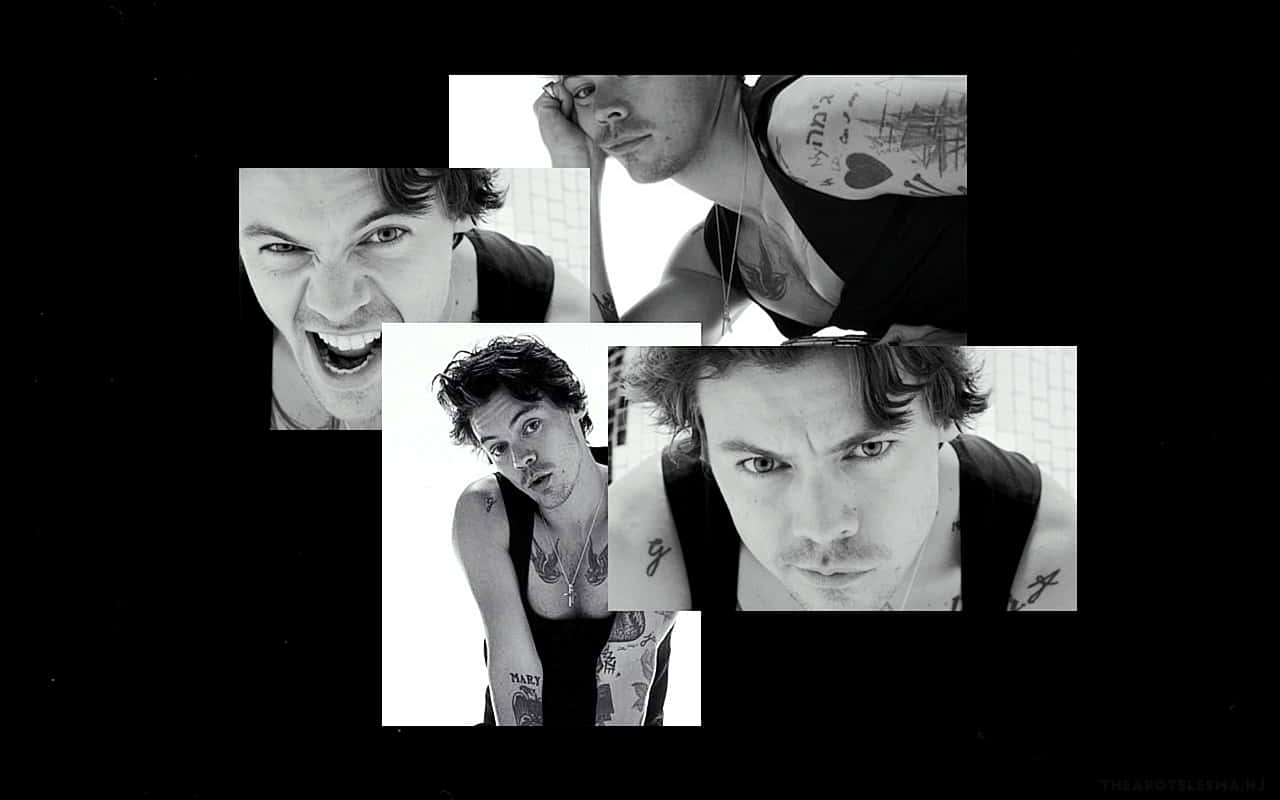 Harry Styles, black and white, tattooed man, HD Desktop Wallpaper