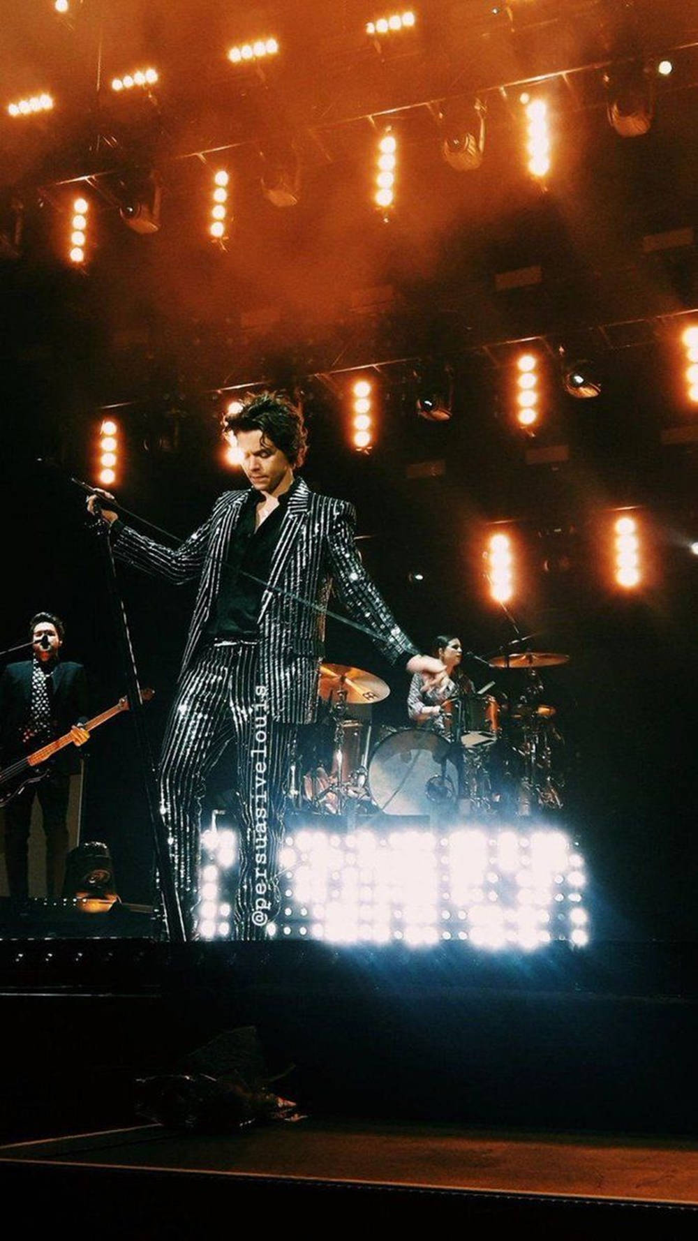 Harry Styles, sparkling pinstripe suit, warm orange lights, HD Phone Wallpaper