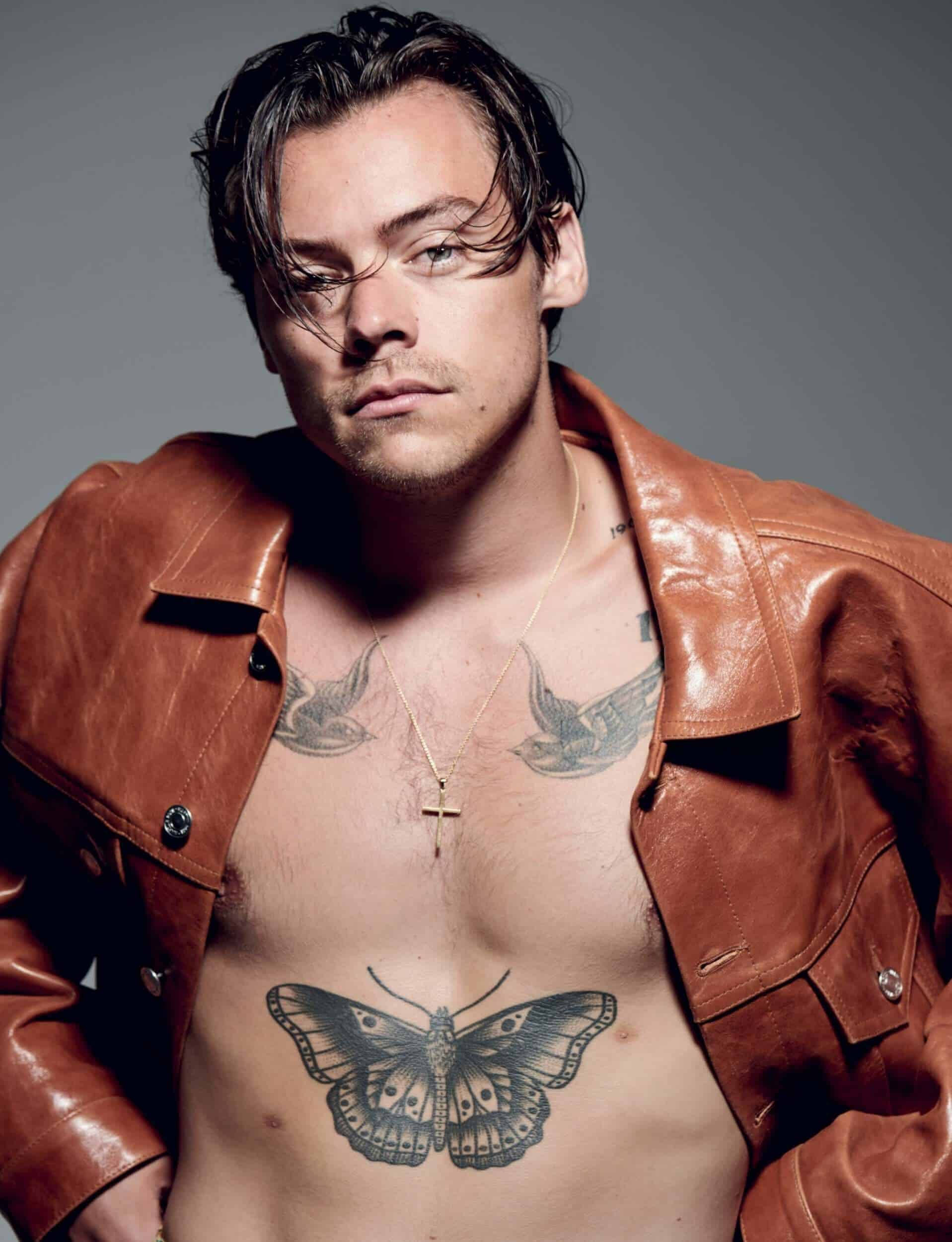 Harry Styles, butterfly tattoo, wet hair, Full HD Phone Wallpaper