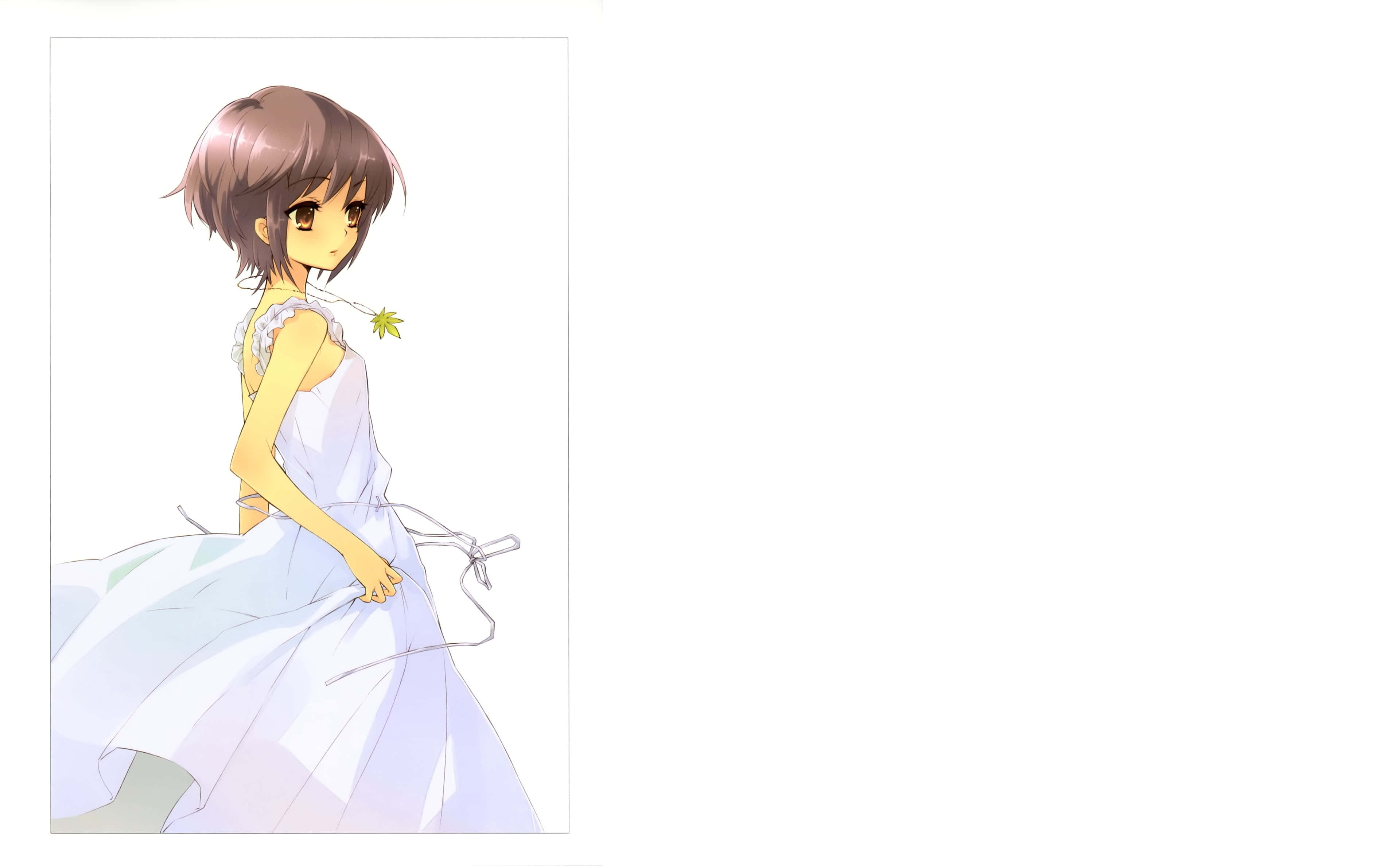 Haruhi Sasaki, short brown hair, flowing white dress, 4K Desktop Wallpaper
