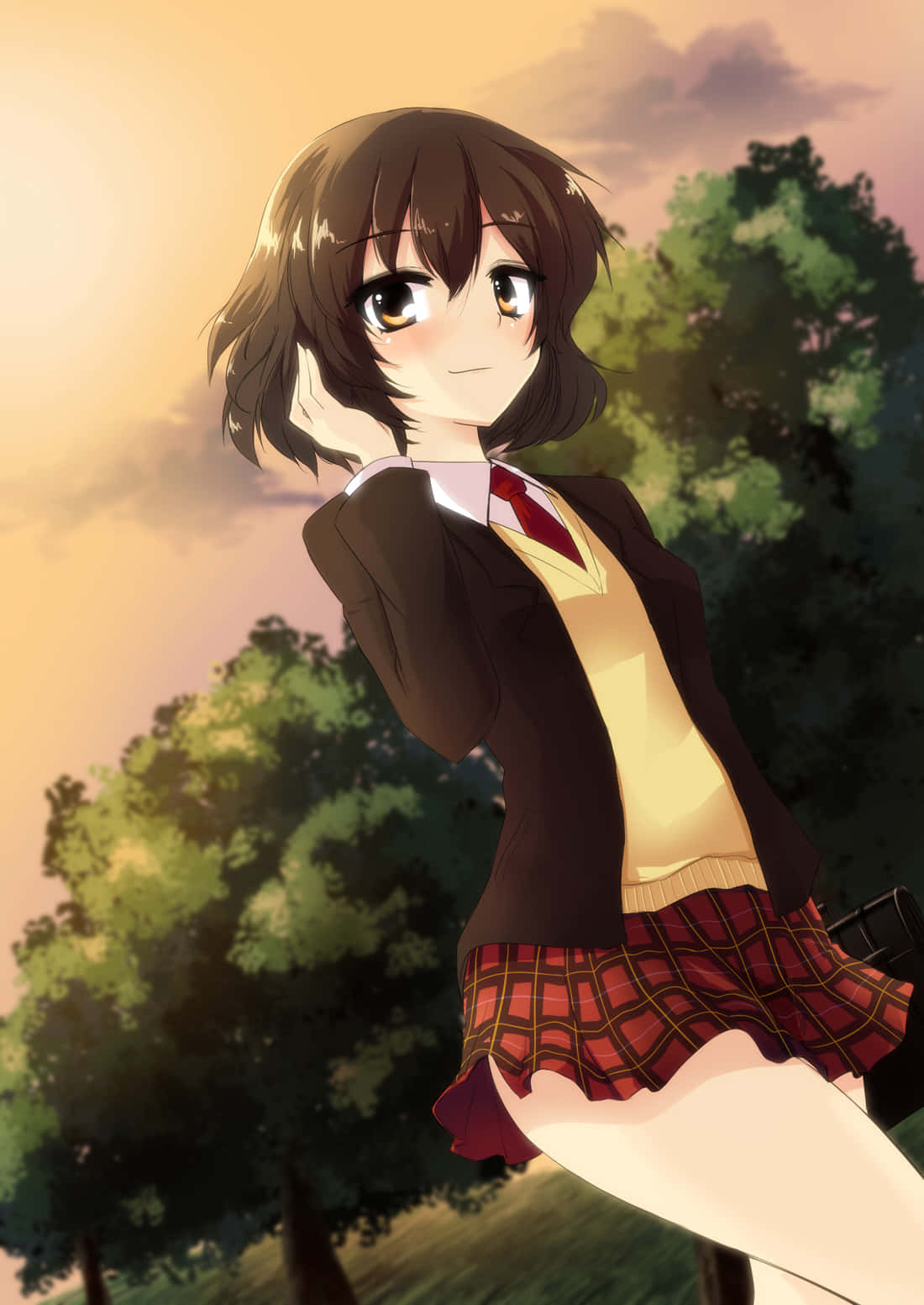 Haruhi Sasaki, school uniform, warm sunset sky, HD Phone Wallpaper