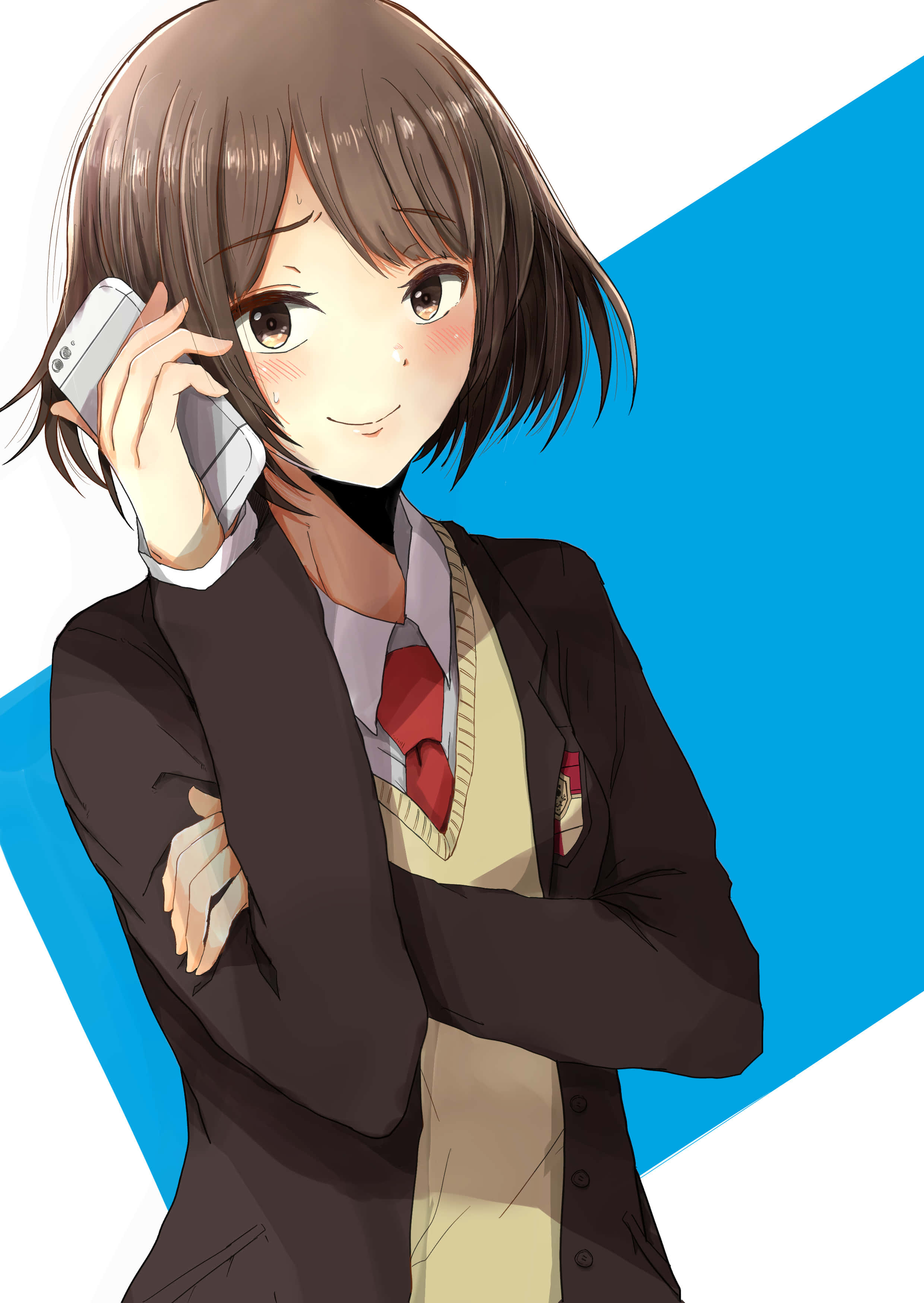 Haruhi Sasaki, school uniform, bold blue and white diagonal background, 2K Phone Wallpaper