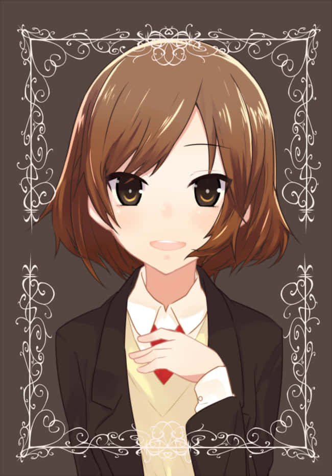 Haruhi Sasaki, brown bob hair, warm eyes, SD Phone Wallpaper