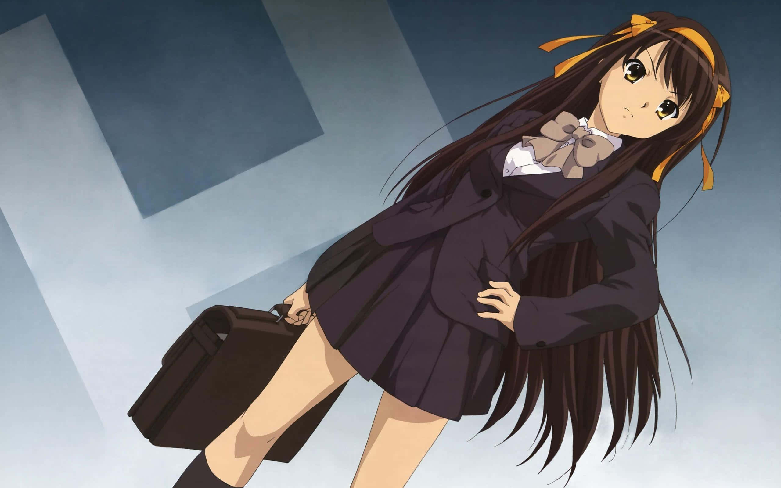 Haruhi Suzumiya, school uniform, long dark hair, 2K Desktop Wallpaper