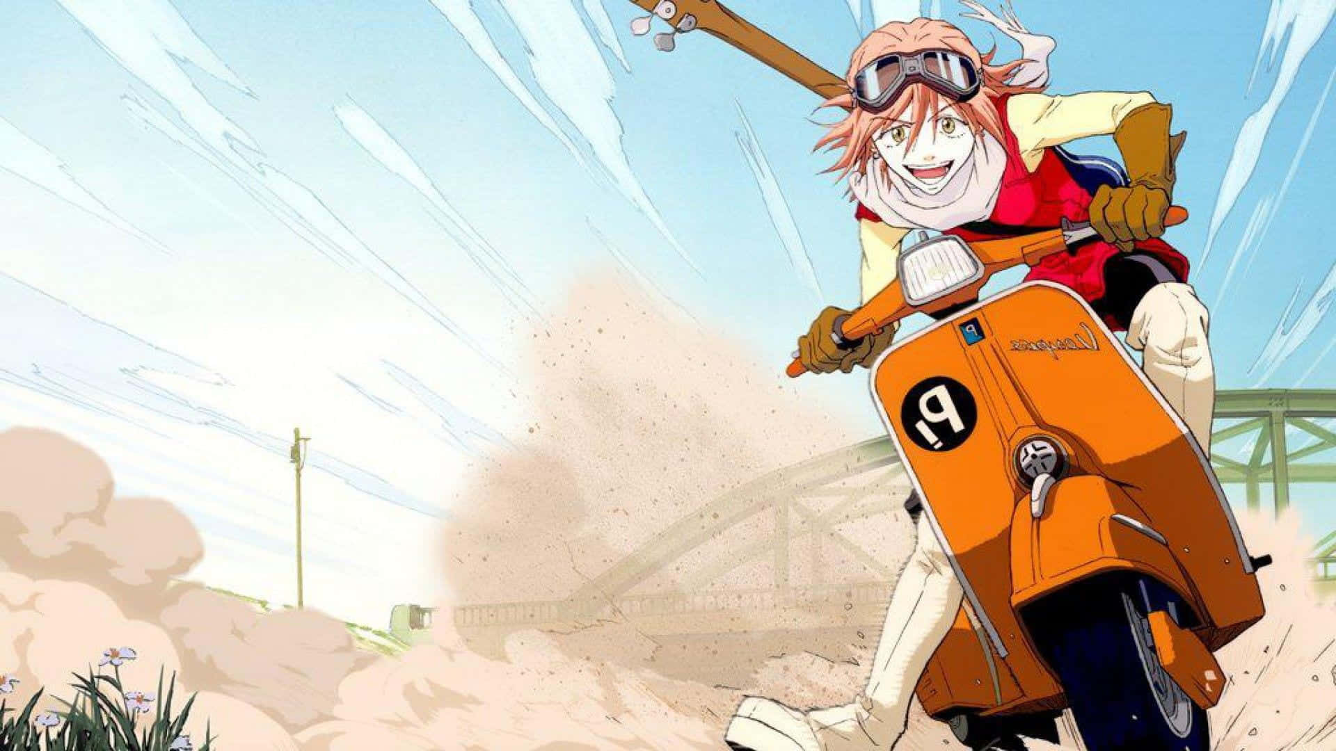 Haruko Haruhara, pink hair, orange scooter, Full HD Desktop Wallpaper