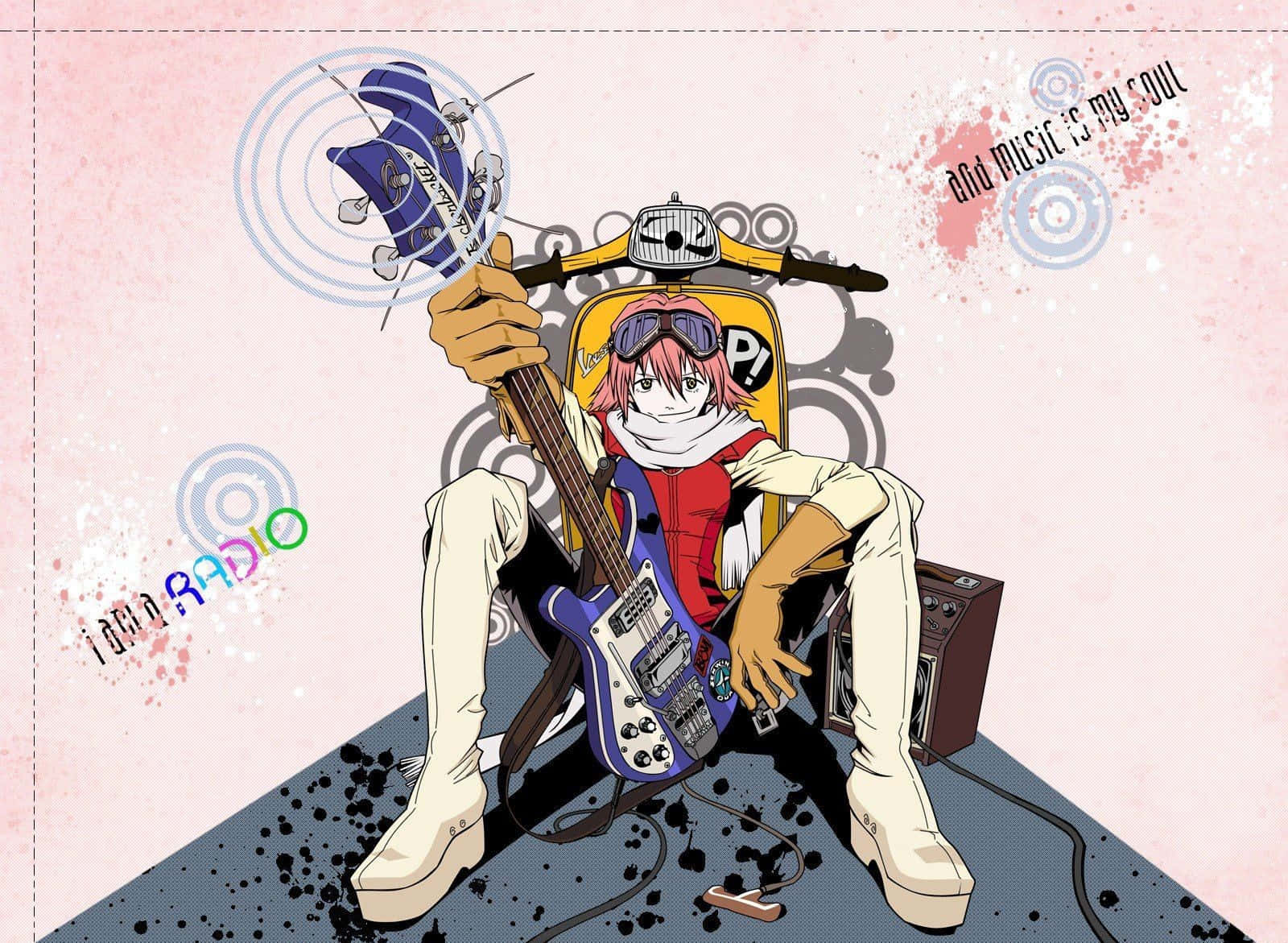 Haruko Haruhara, yellow Vespa scooter, pink-haired anime guitarist, HD Desktop Wallpaper