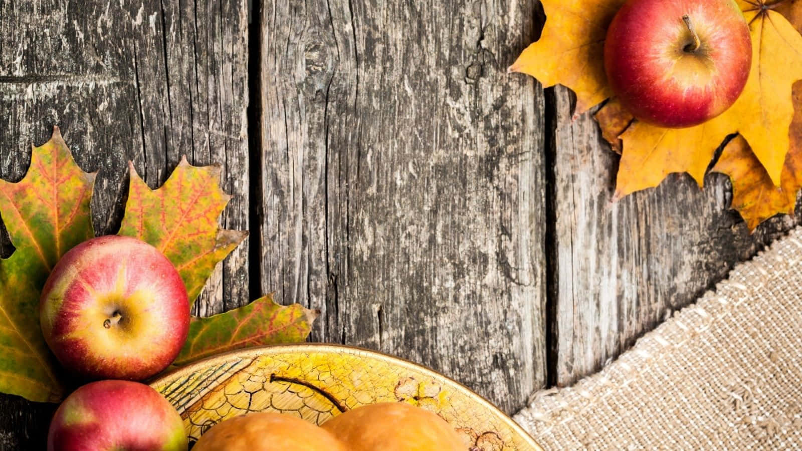 Harvest Time, ripe red apples, golden autumn leaves, HD Desktop Wallpaper