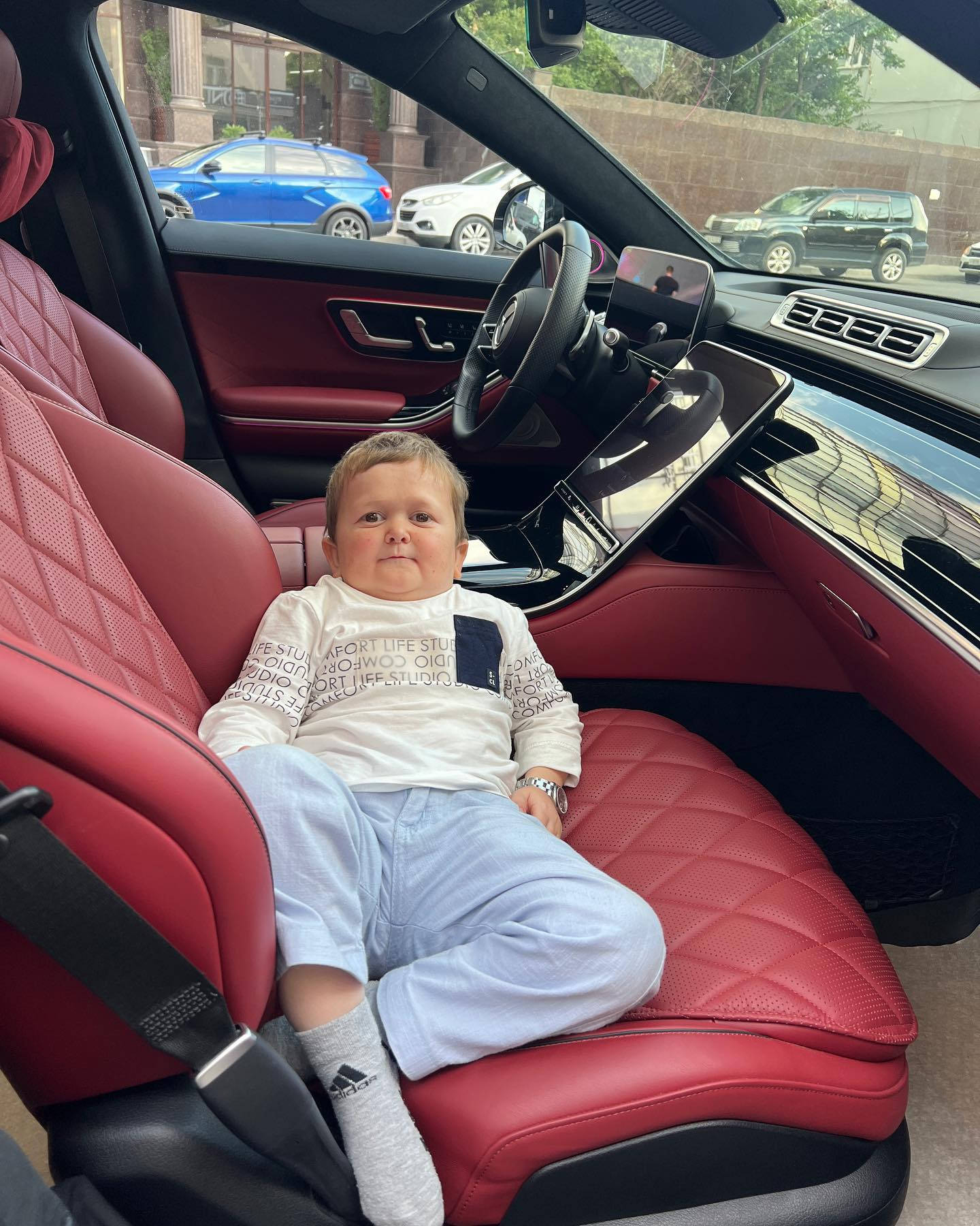 Hasbulla, red leather car seat, modern dashboard, HD Phone Wallpaper