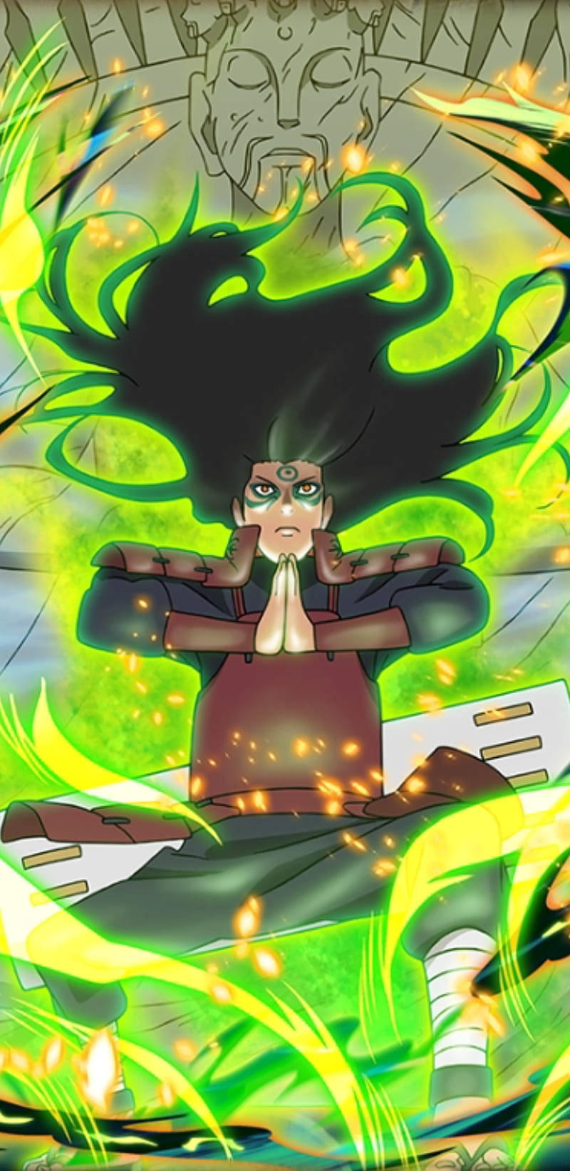 Hashirama Phone, wild black hair, glowing green chakra energy, HD Phone Wallpaper